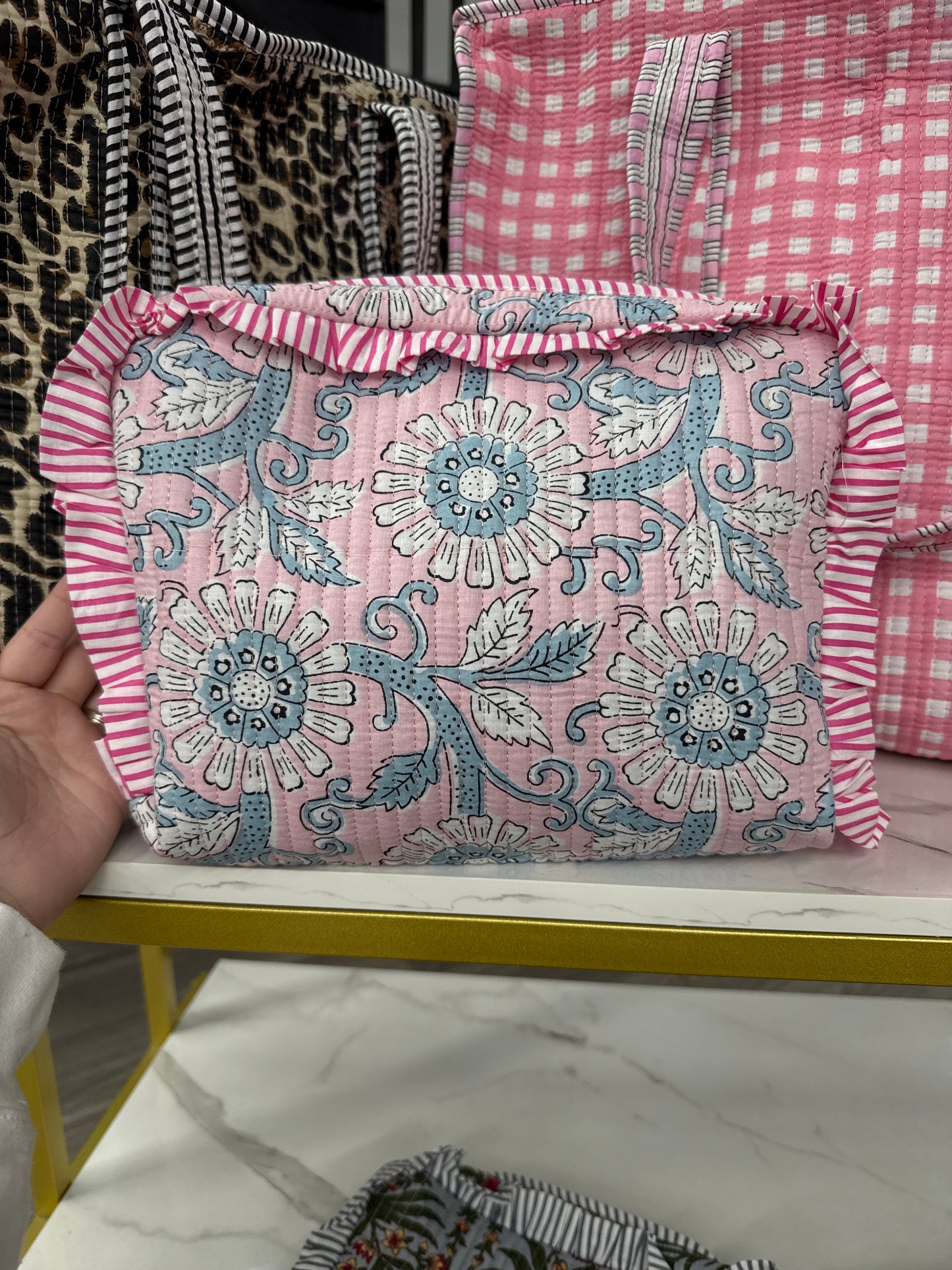 Pink & Blue Quilted Cosmetic Bag