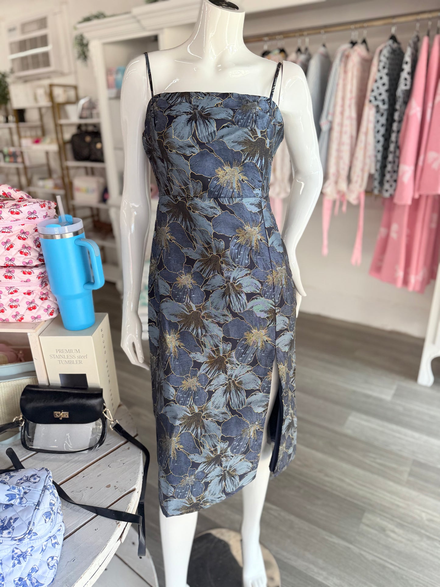 Navy & Gold Jacquard Slit Dress