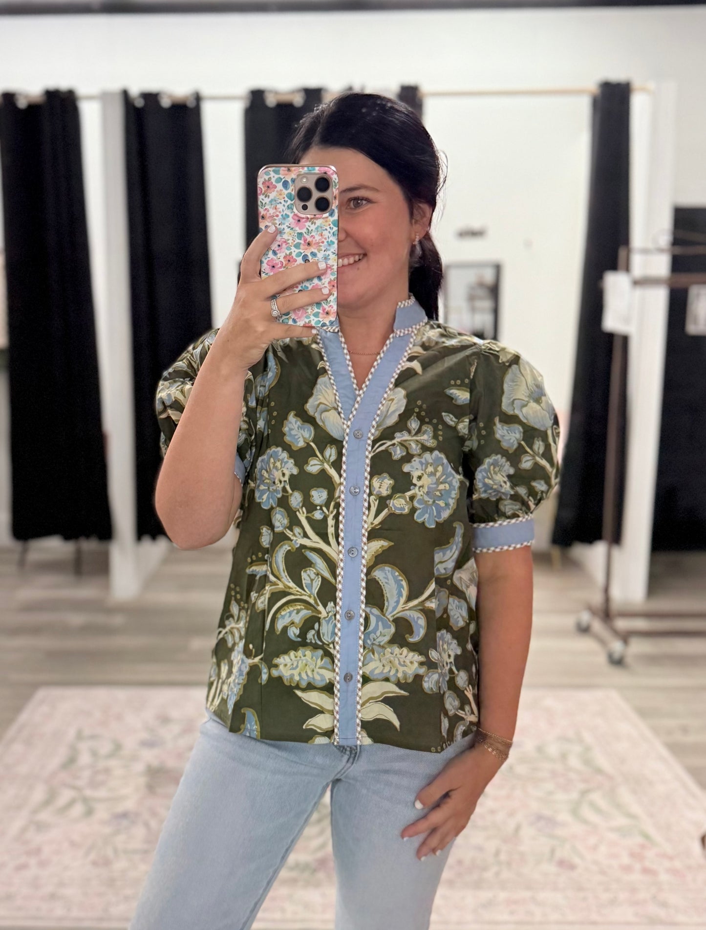Olive Floral Detail Top