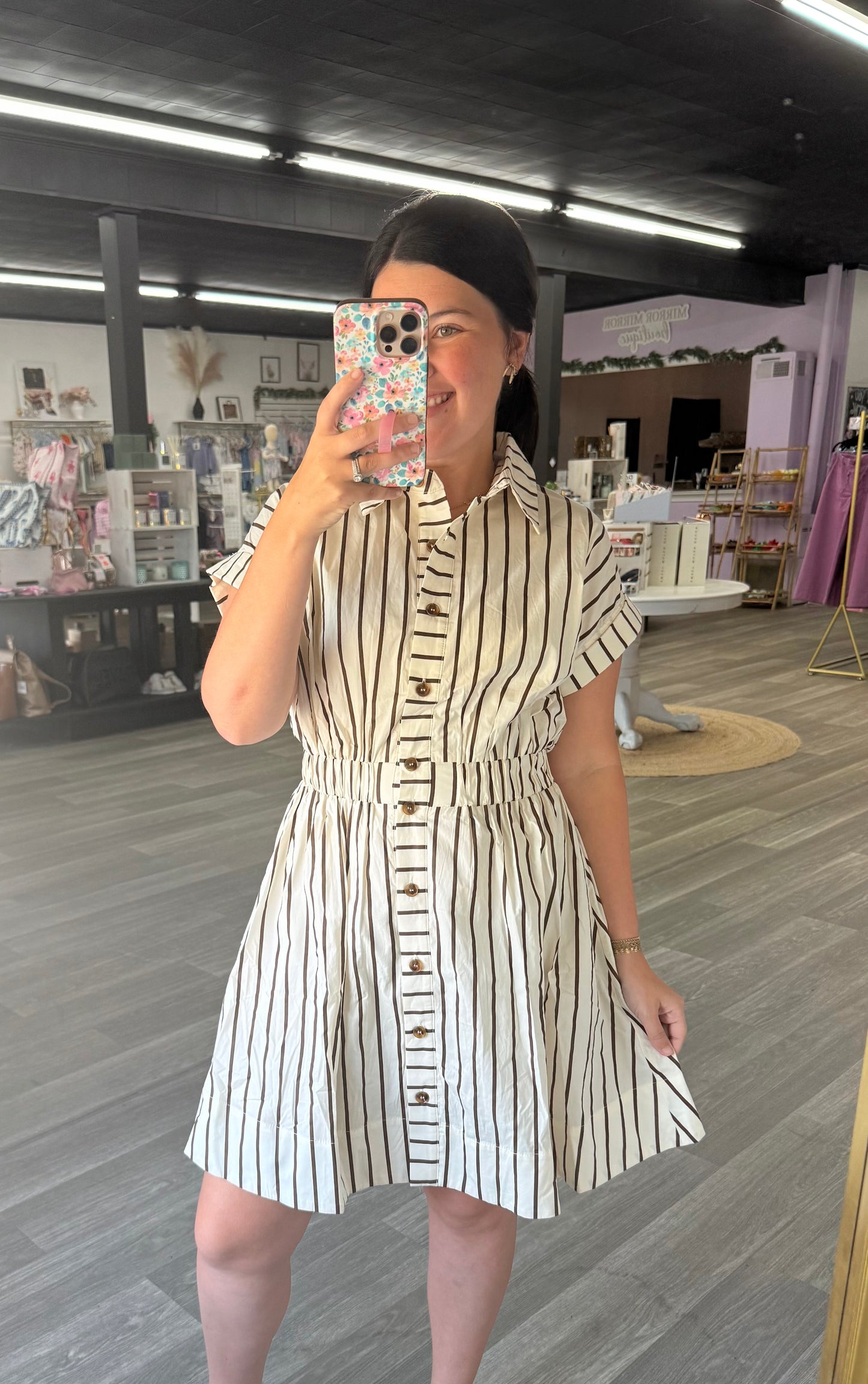 Cream & Brown Striped Dress