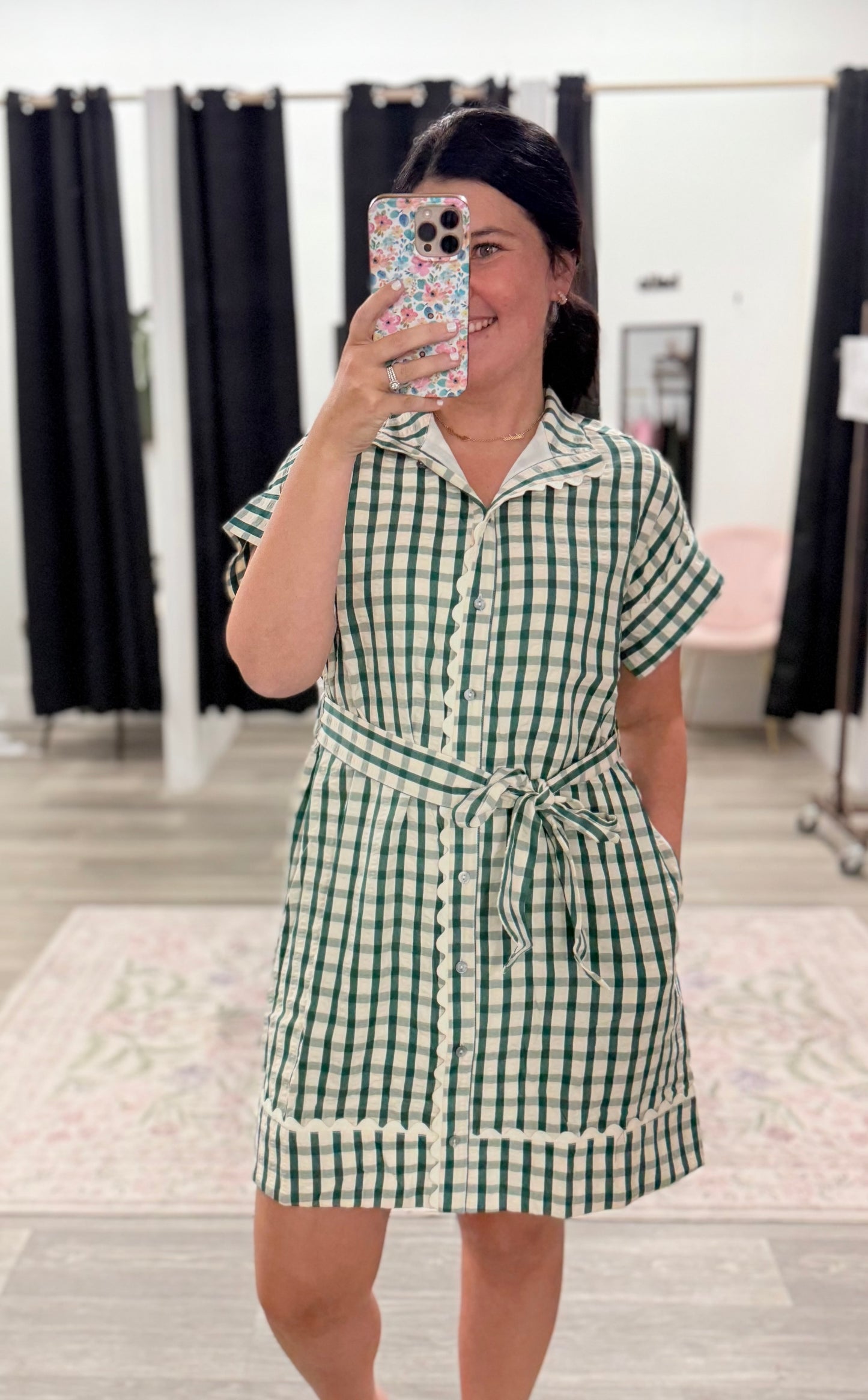 Green & Cream Checkered Scalloped Dress