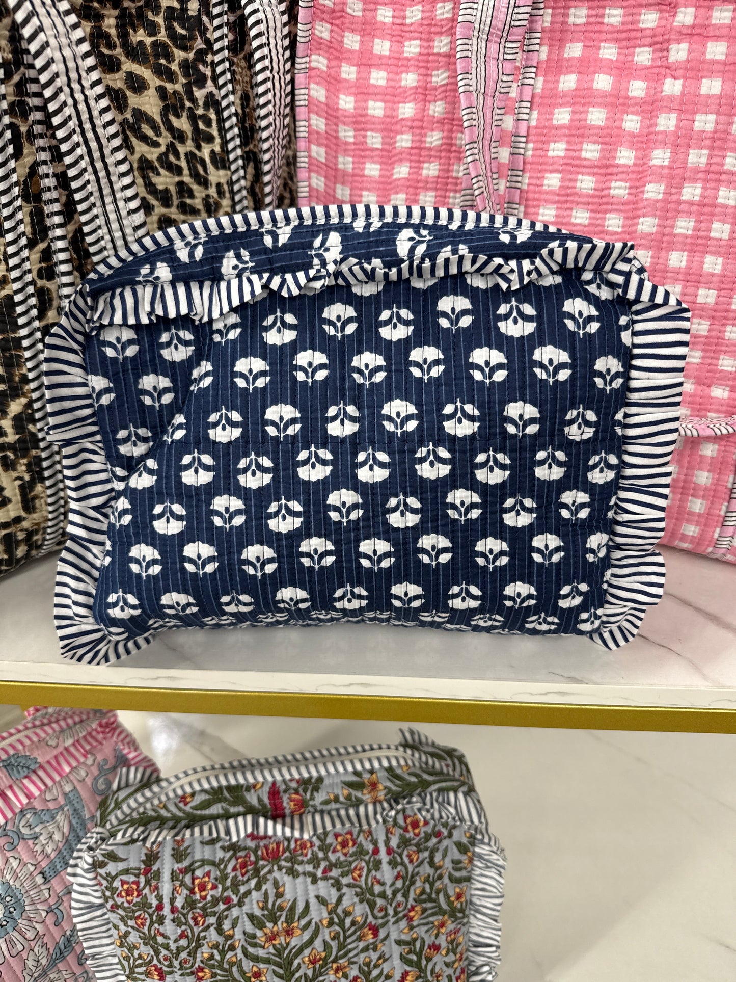 Navy & White Floral Quilted Cosmetic Bag