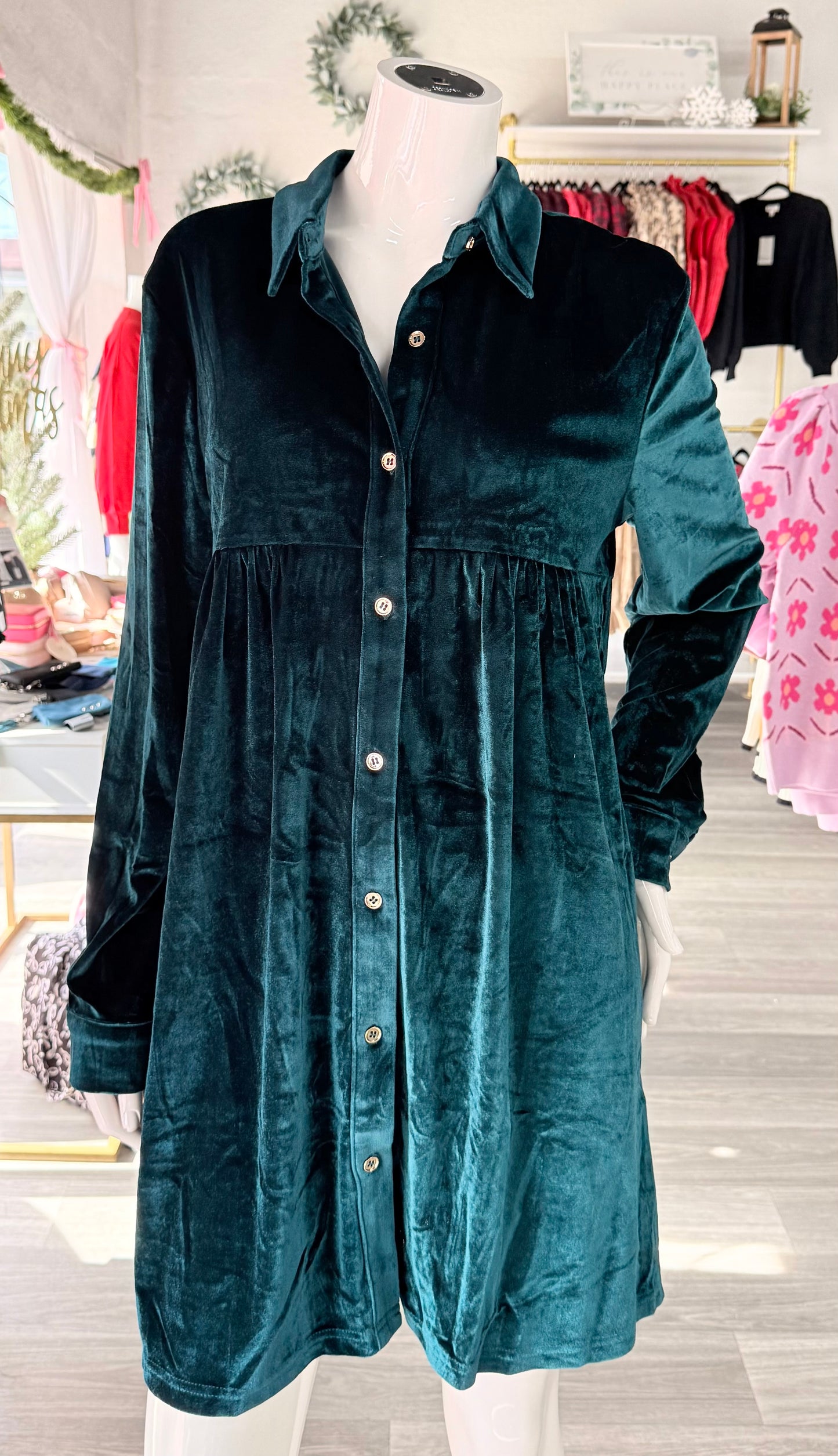 Emerald Velvet Button Dress