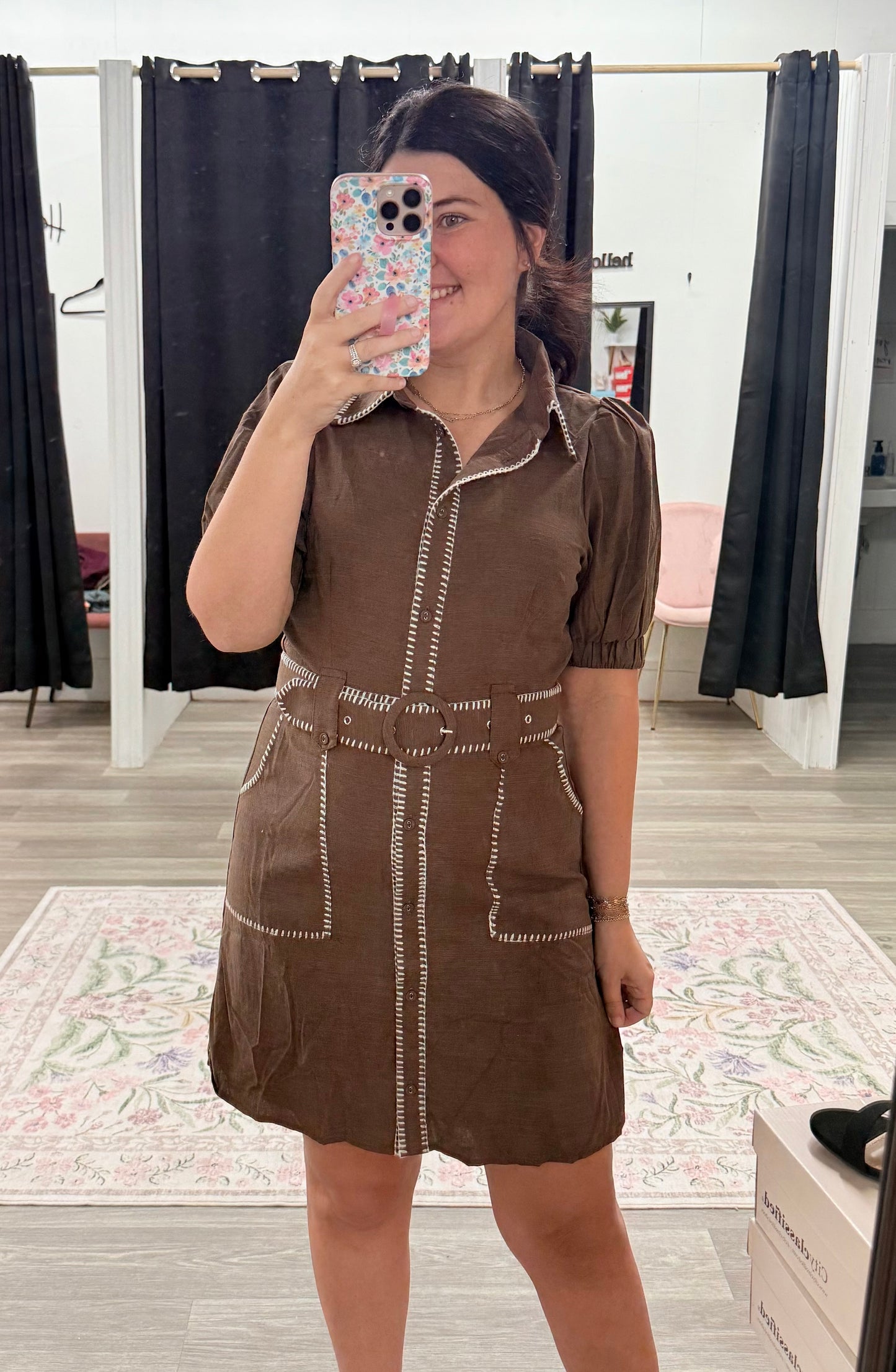 Brown Detailed Belt Dress