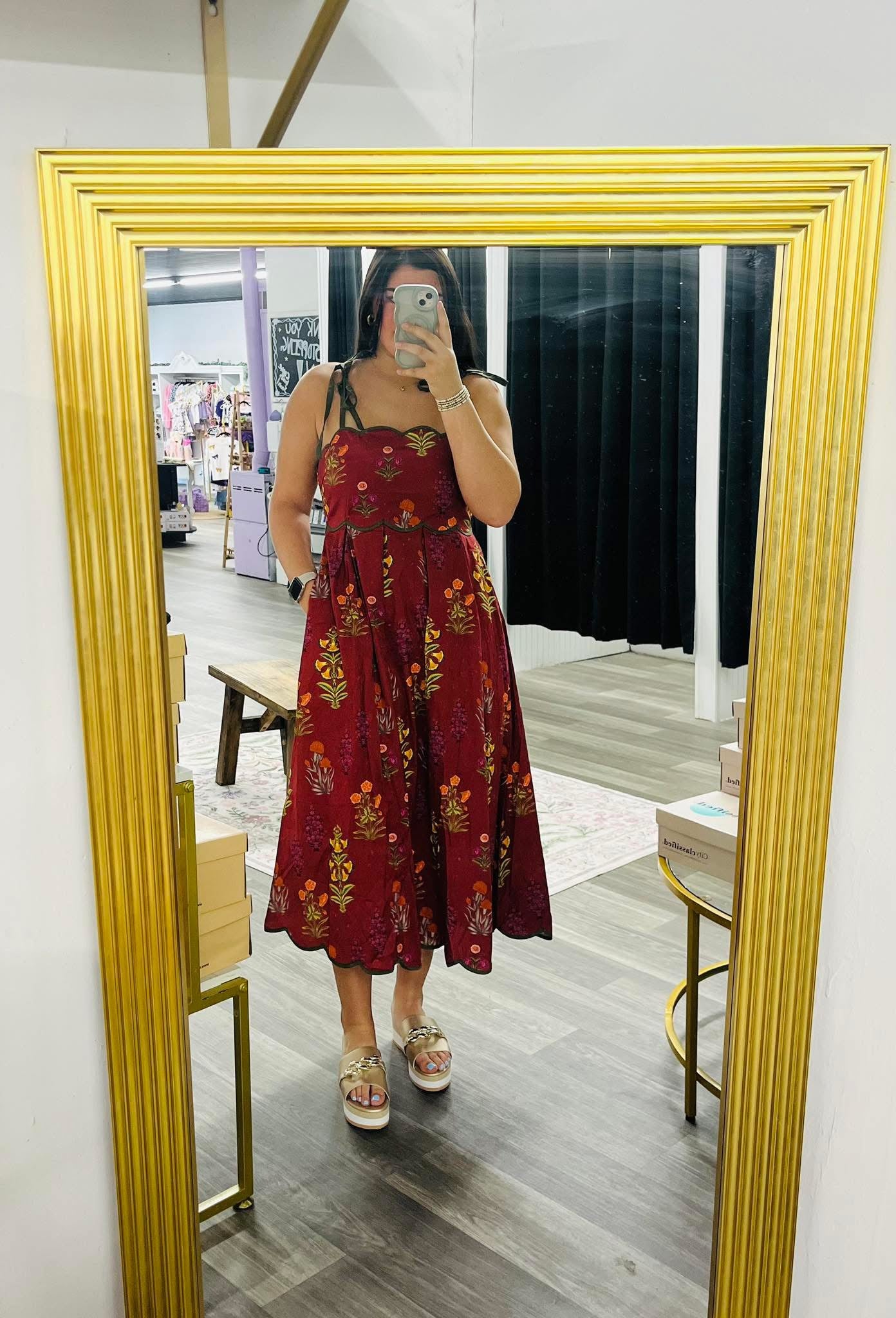 Wine Floral Midi Dress