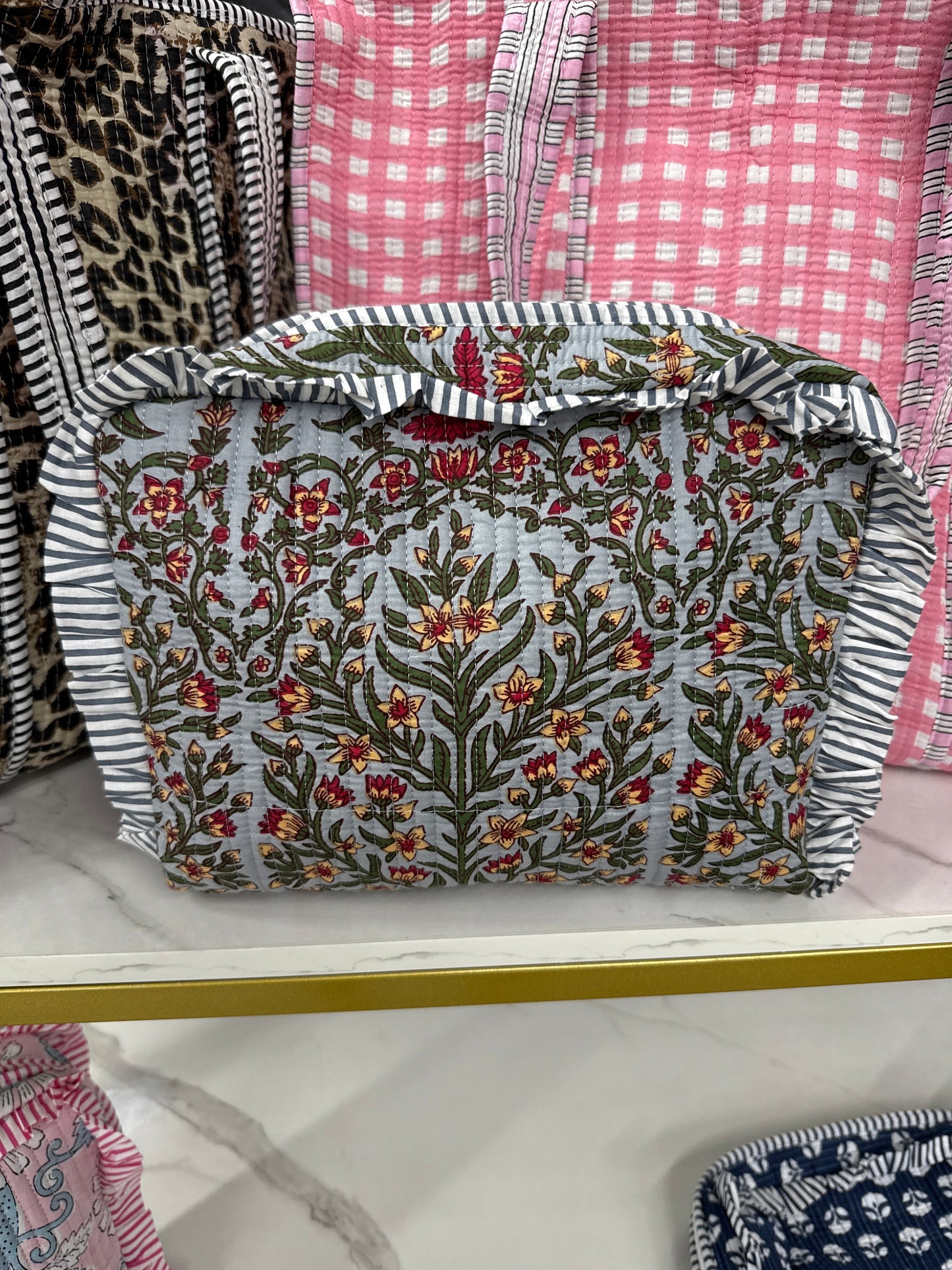 Blue Floral Quilted Cosmetic Bag