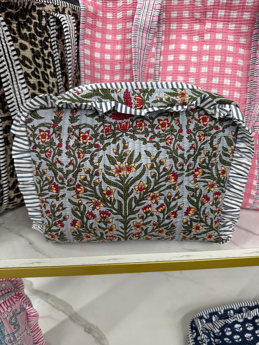 Blue Floral Quilted Cosmetic Bag