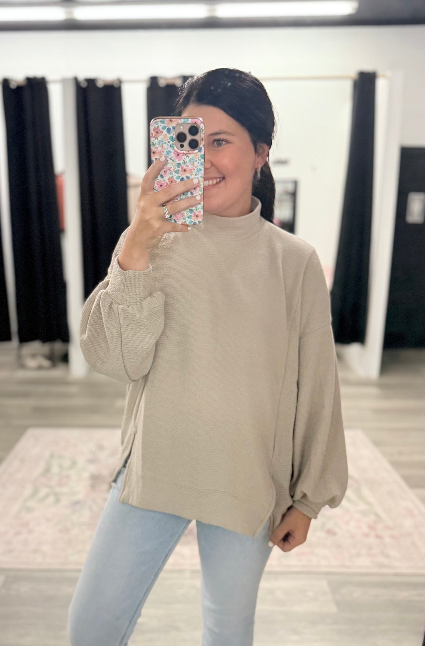 Taupe Mock Neck Cloudy Knit Top