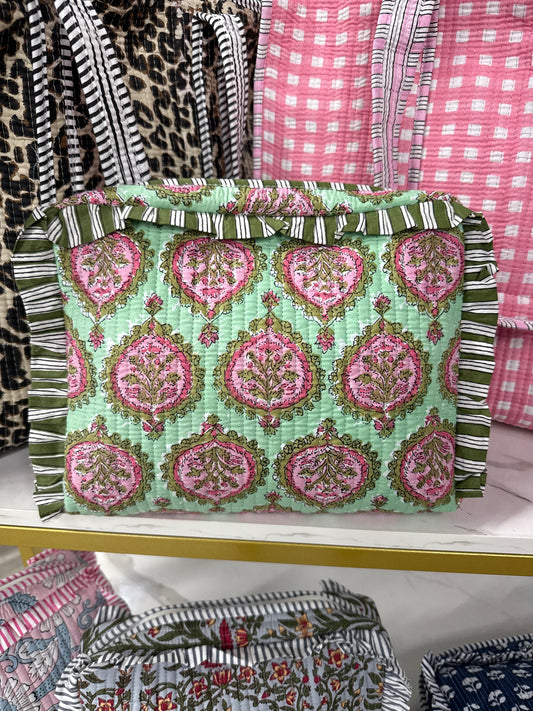 Mint & Pink Floral Quilted Cosmetic Bag