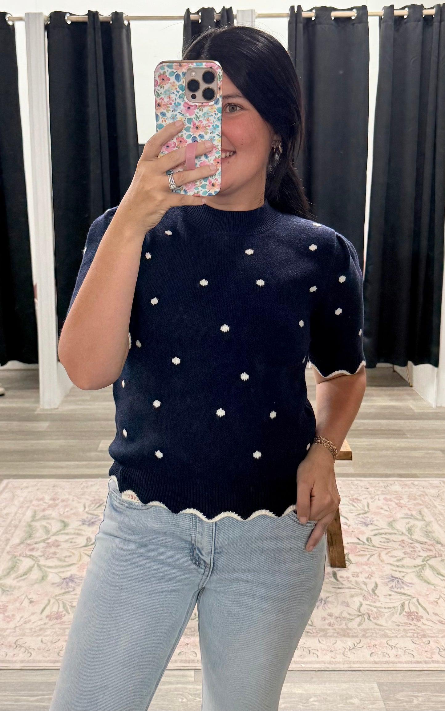 Navy Polka Dot Sweater Top