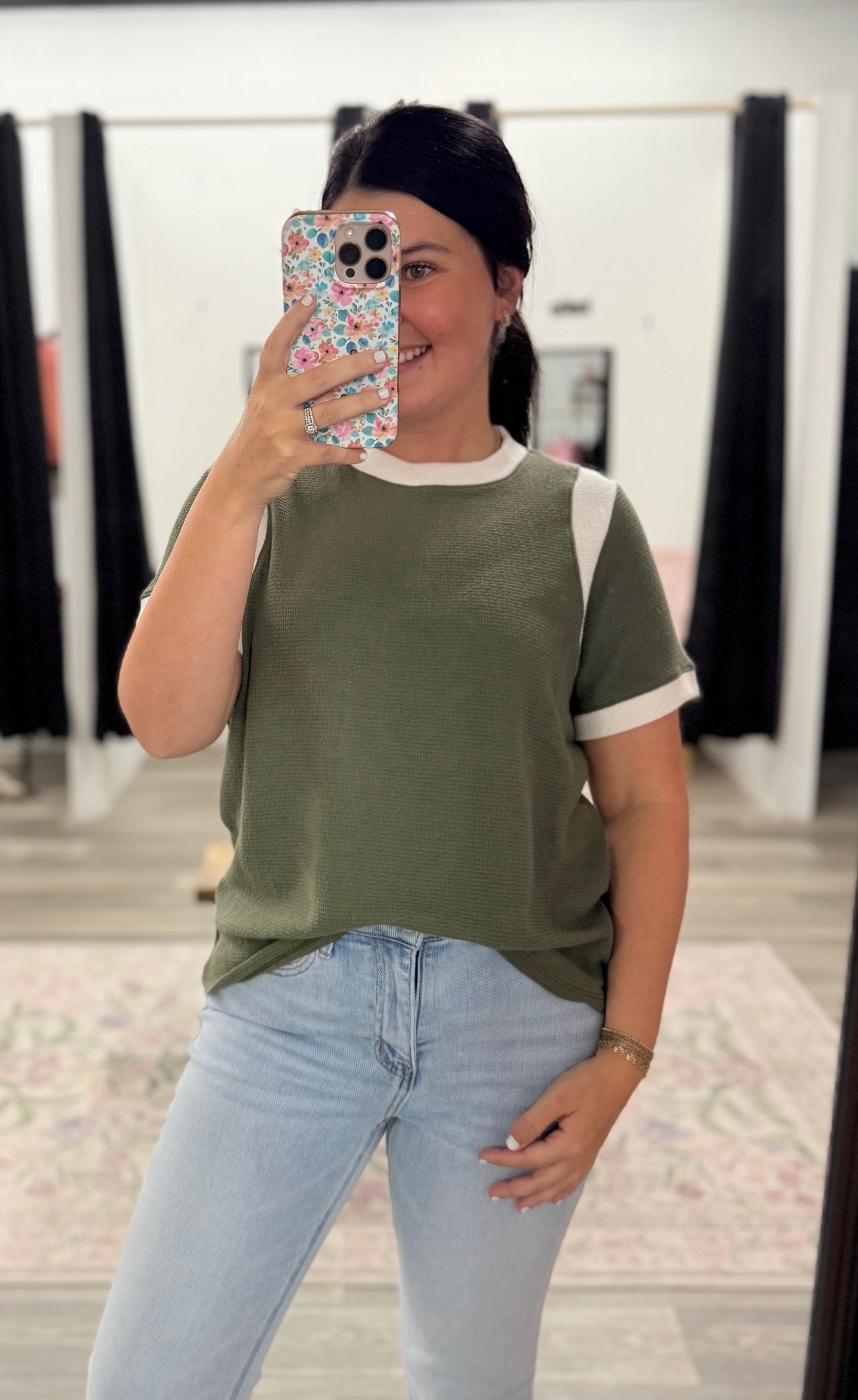 Olive & Cream Color Block Top