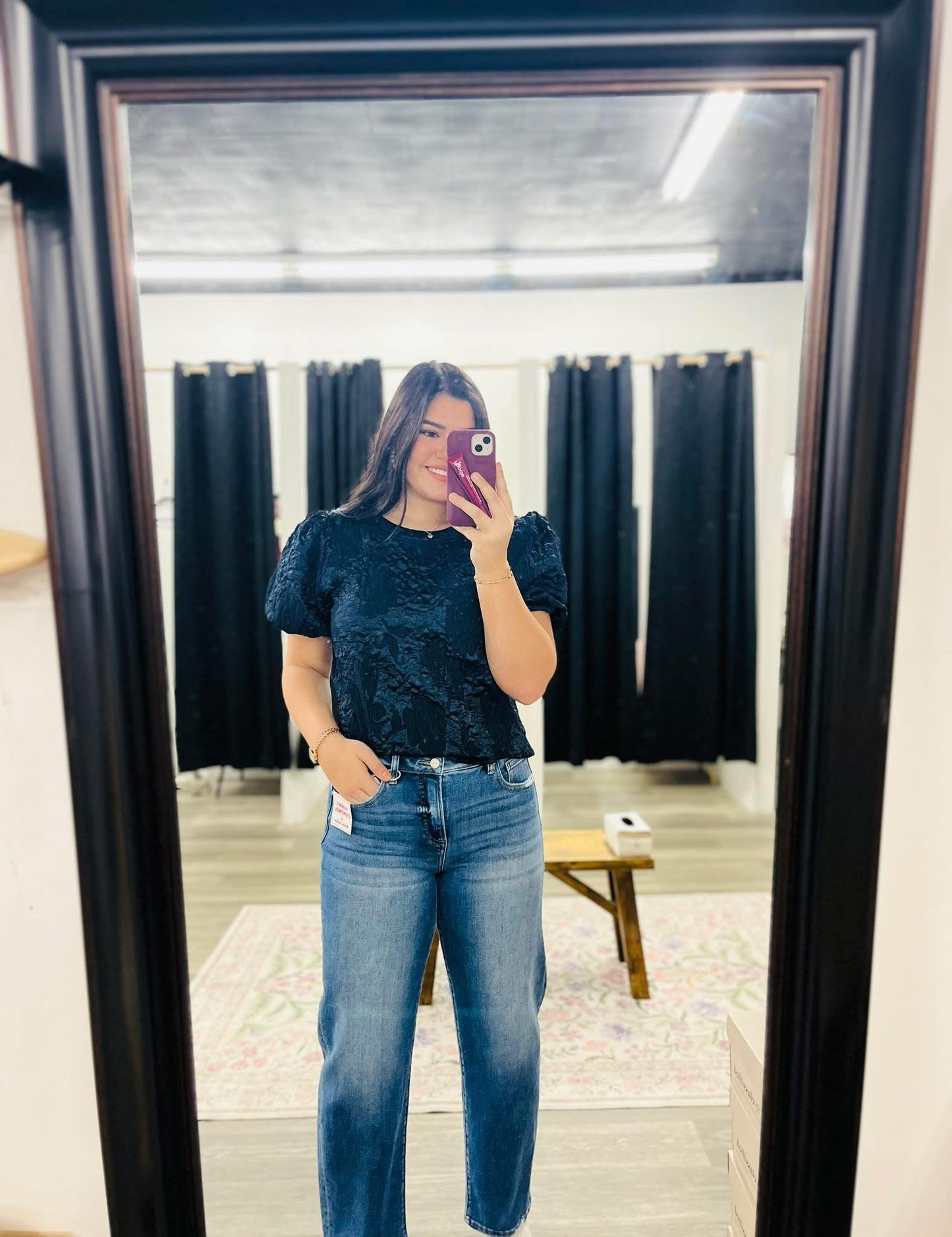 Navy Floral Textured Jacquard Top