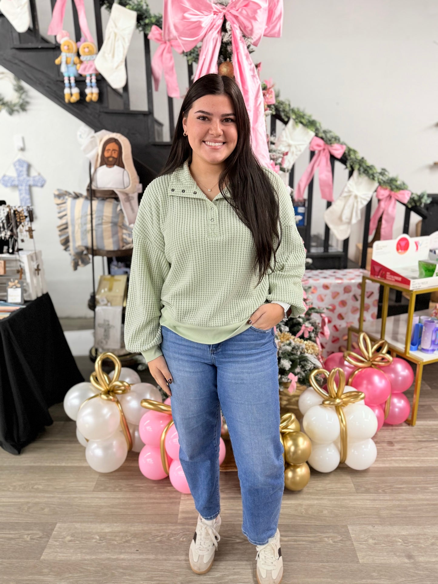 Waffle Knit Half Button Up Top