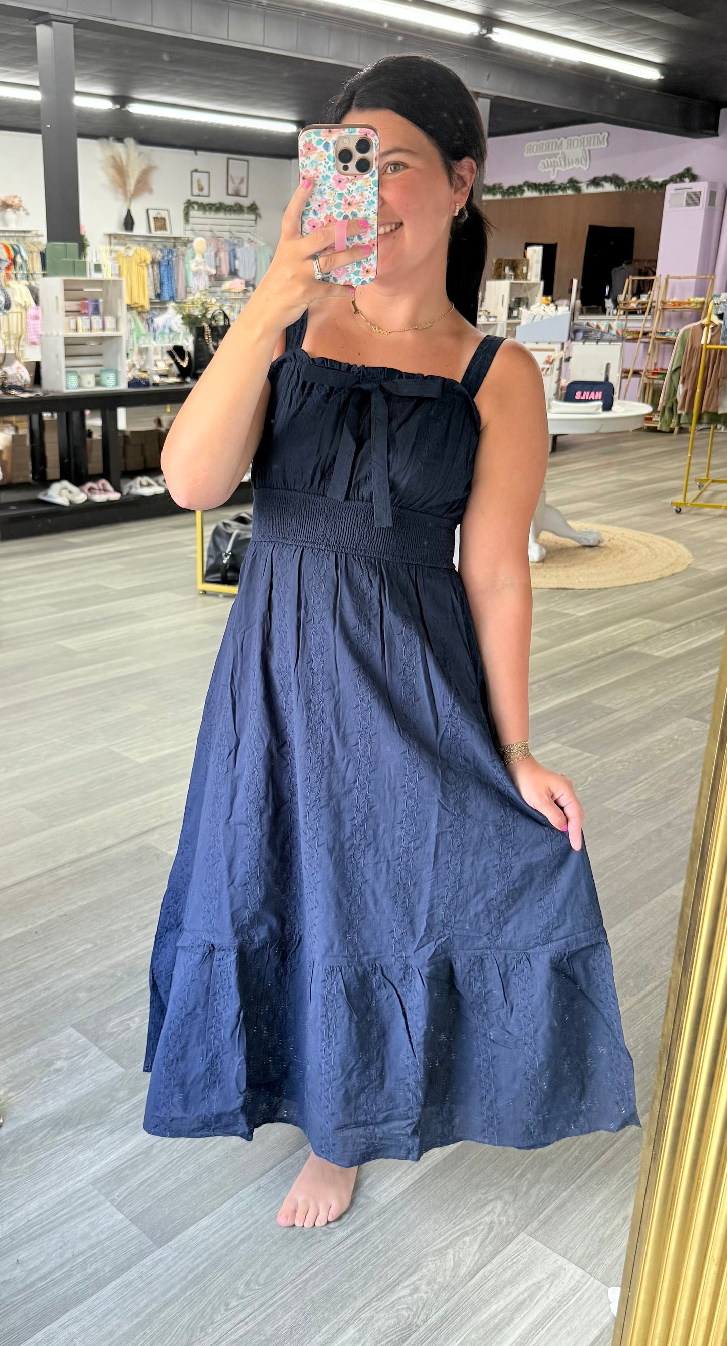 Navy Smocked Waist Midi Dress