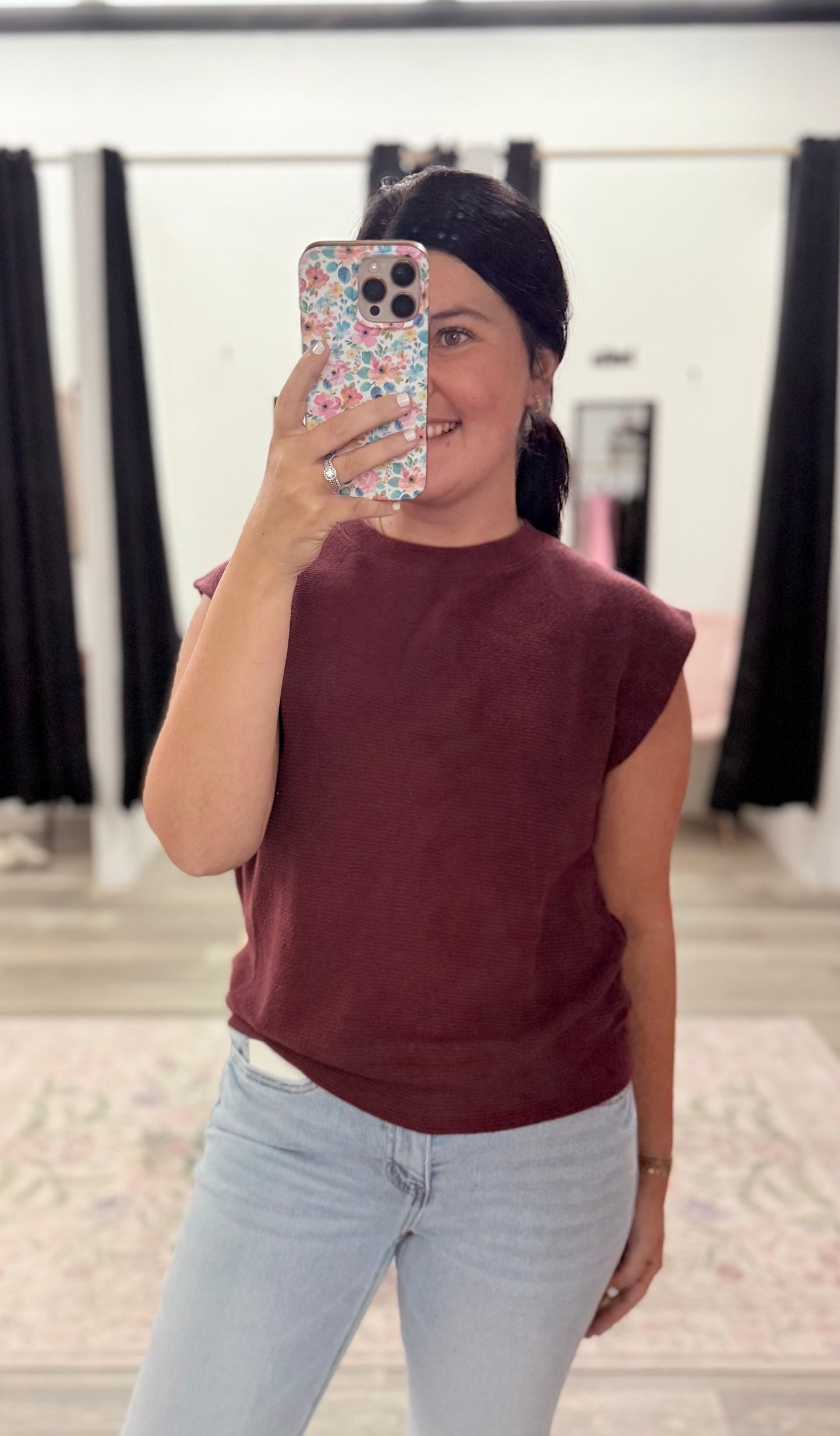 Wine Cloudy Knit Round Neck Top