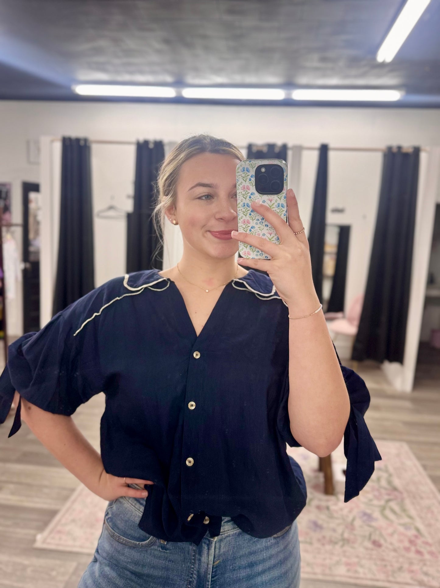Navy & White Scalloped Top