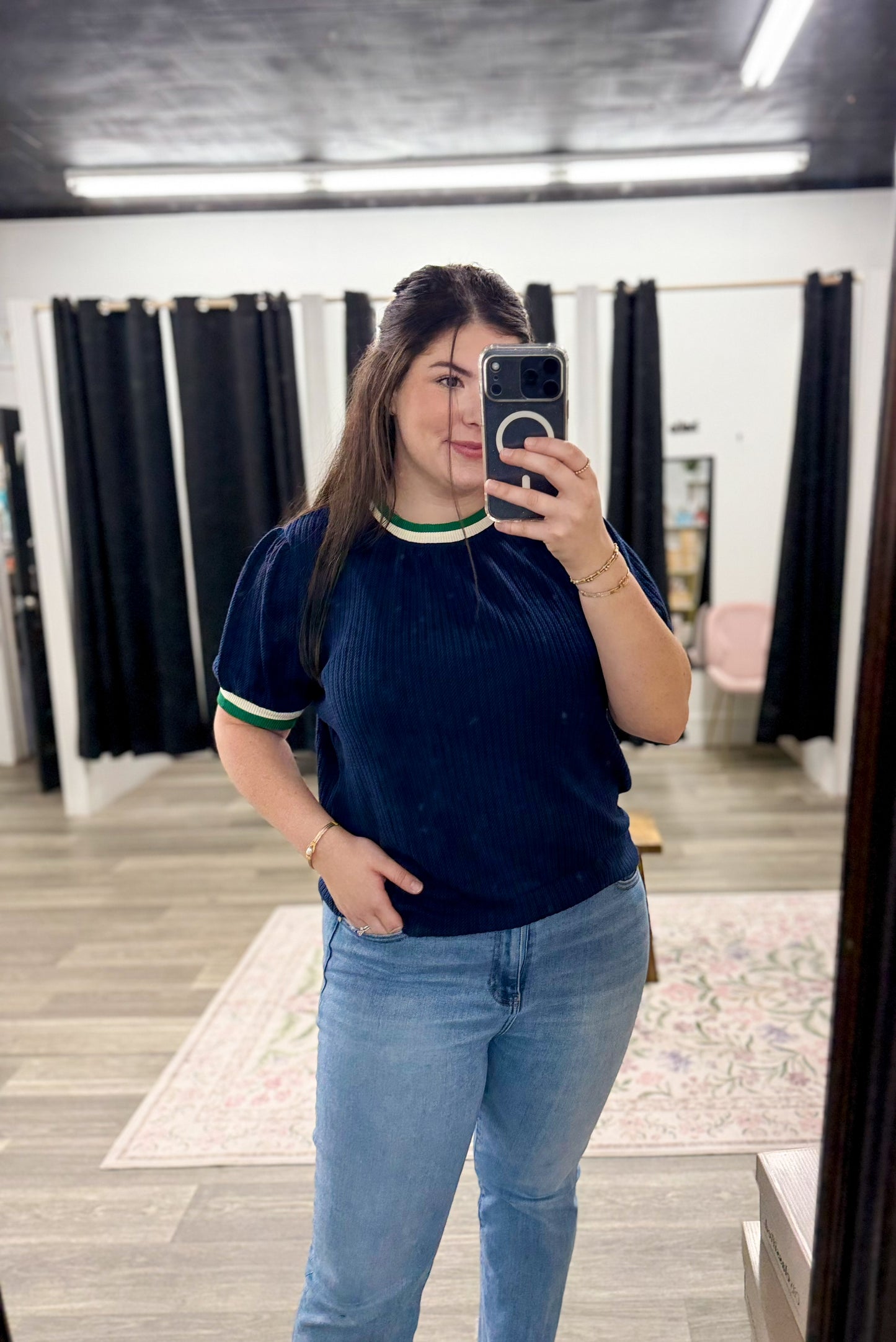 Navy Contrast Detail Sleeve Top