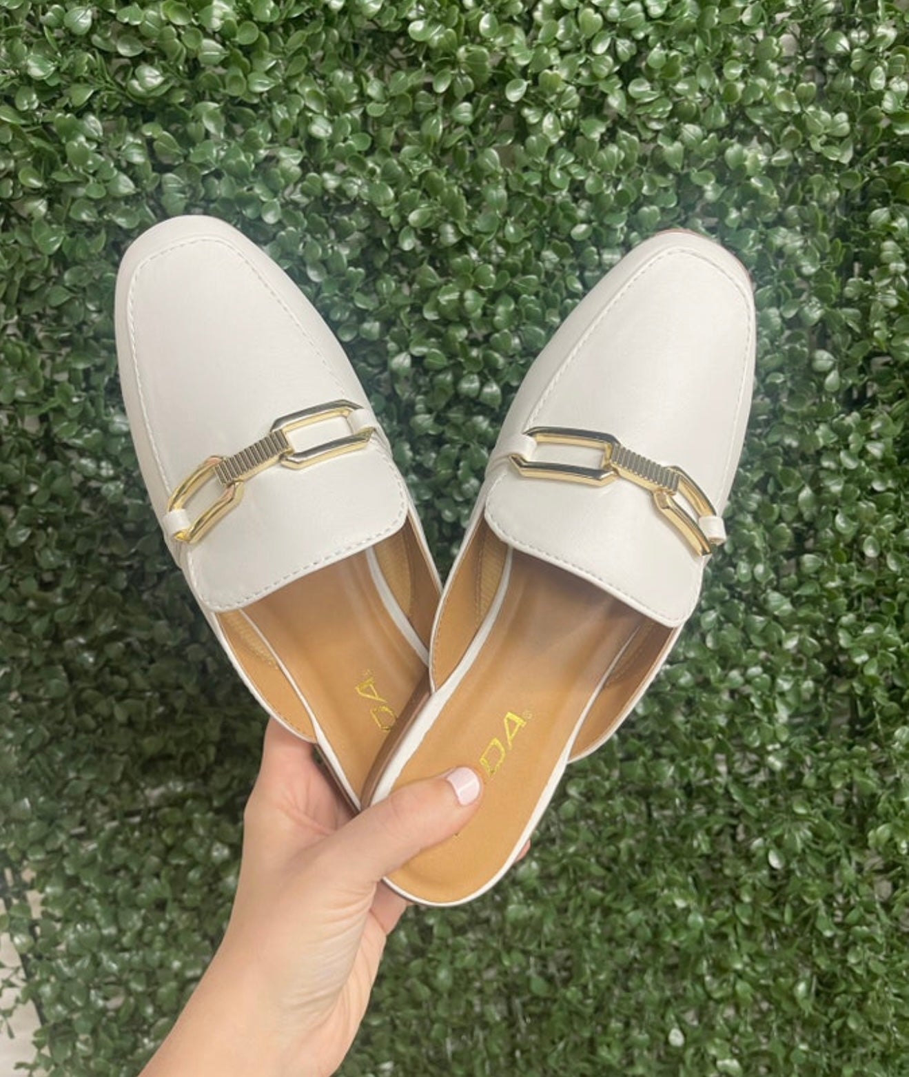 White & Gold Buckle Mules