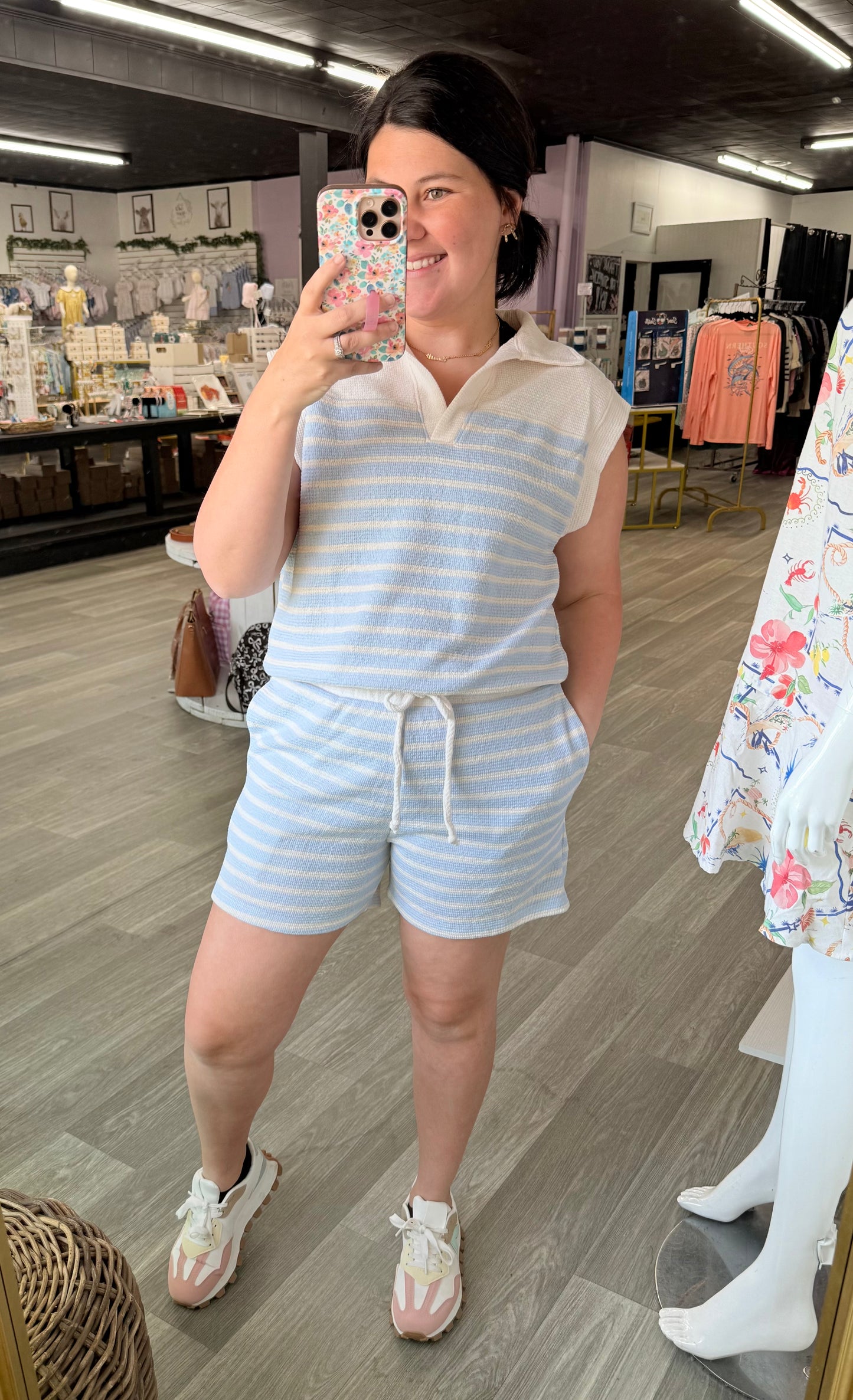 Light Blue Cloudy Knit Striped Short Set