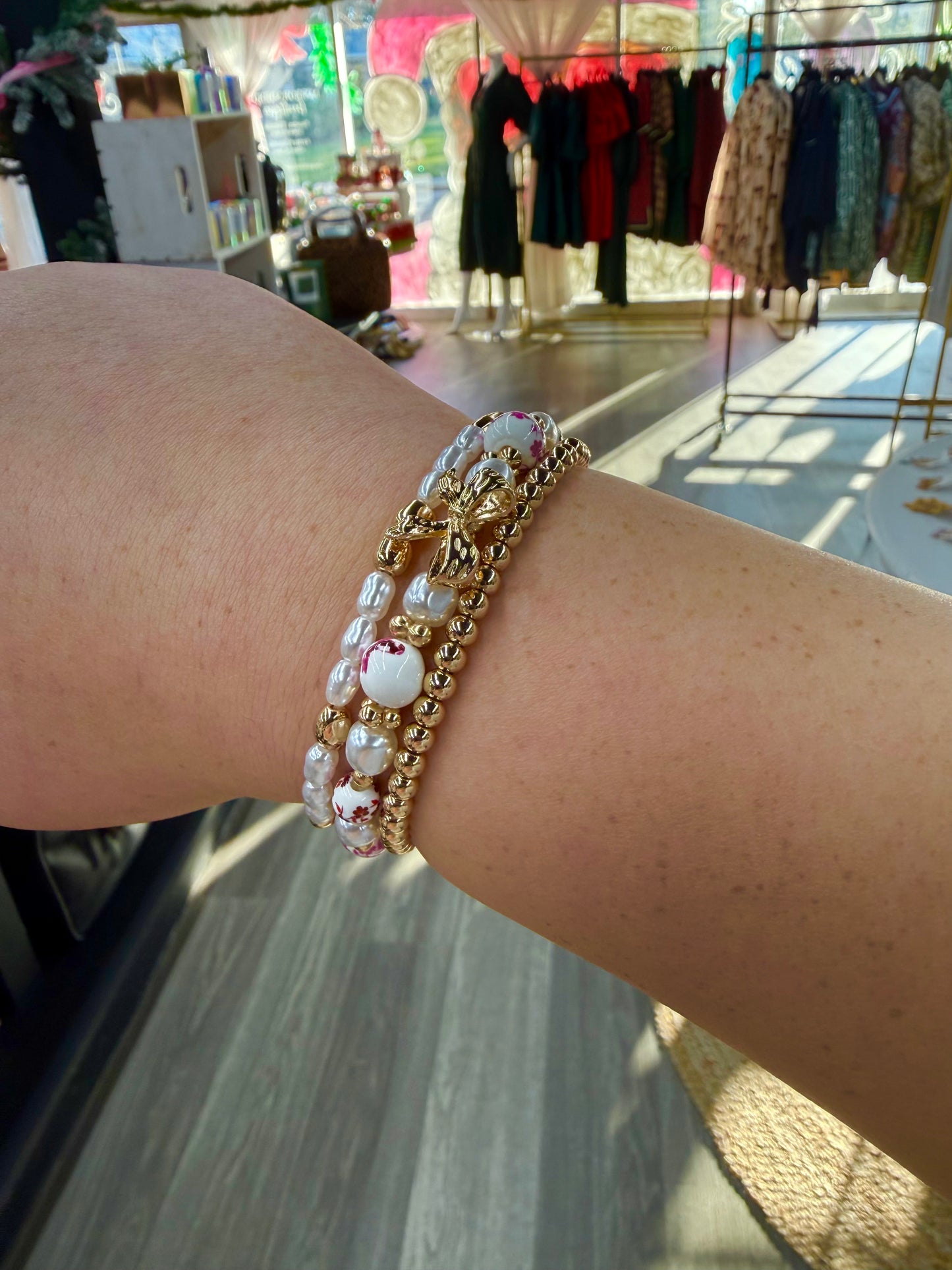 Pink Toile Bow Bracelet Set