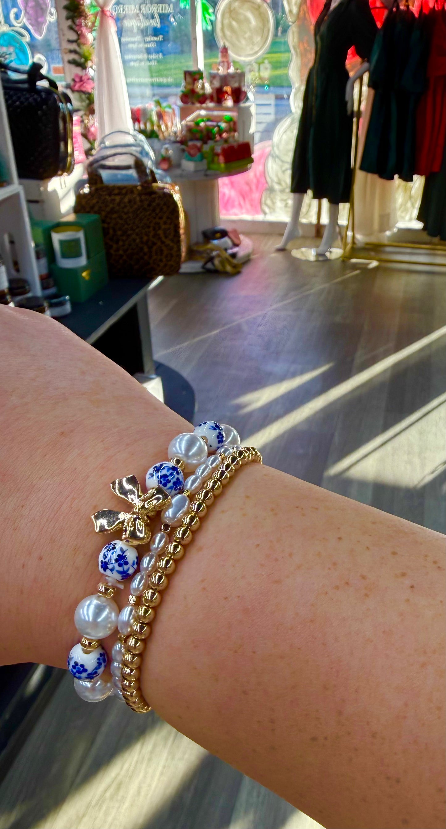 Blue Toile Bow Bracelet Set