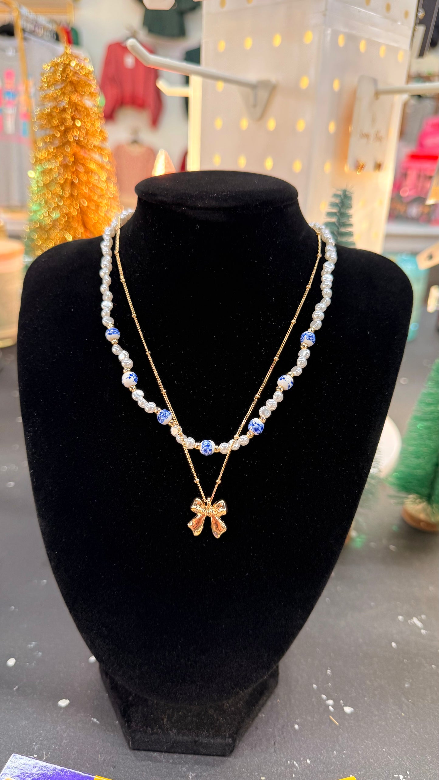 Blue Toile Pearl Bow Layer Necklace