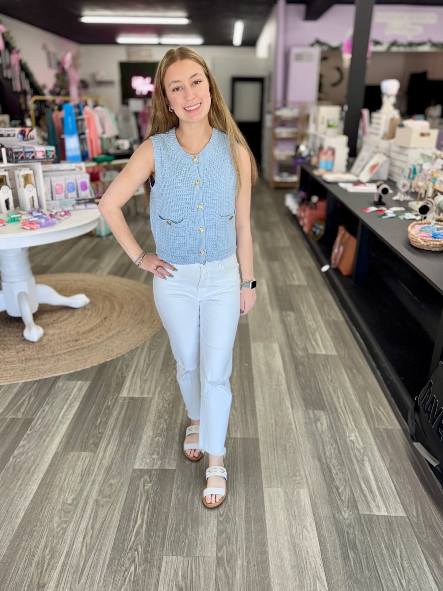 Ice Blue Button Down Knit Top