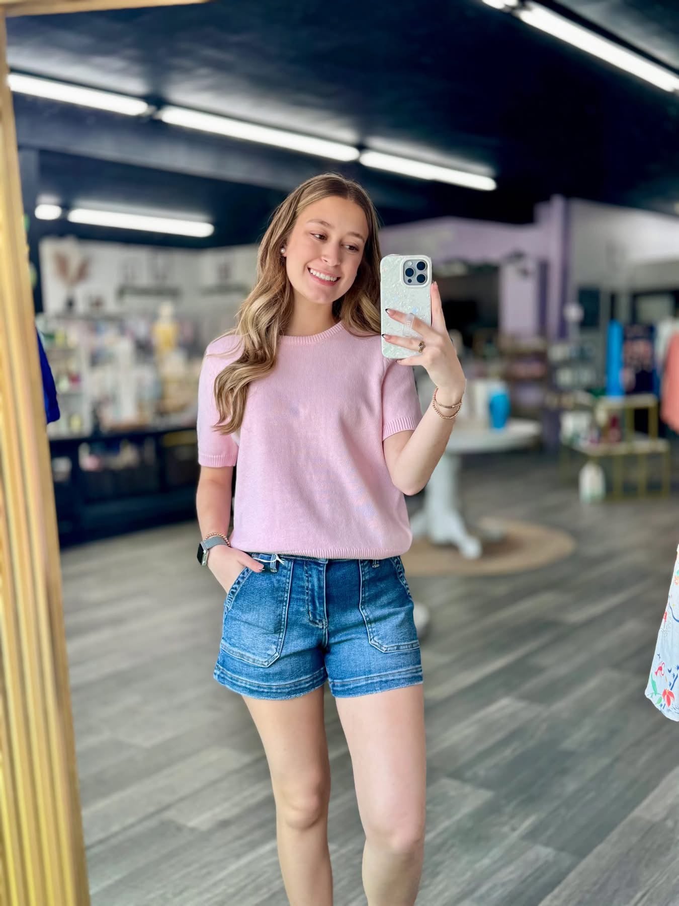 Ocean High Rise Patched Denim Shorts