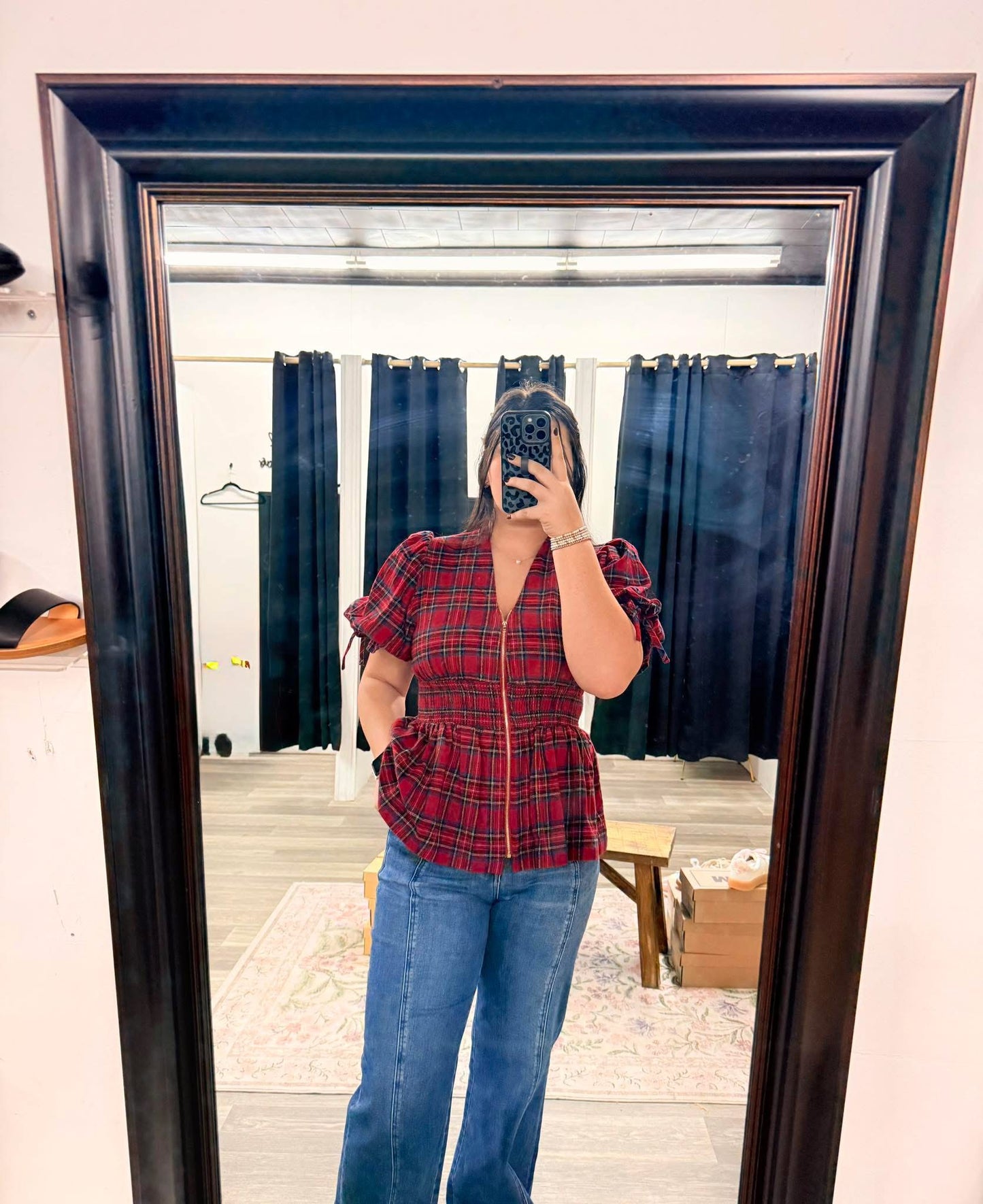 Red Plaid Zipper Top