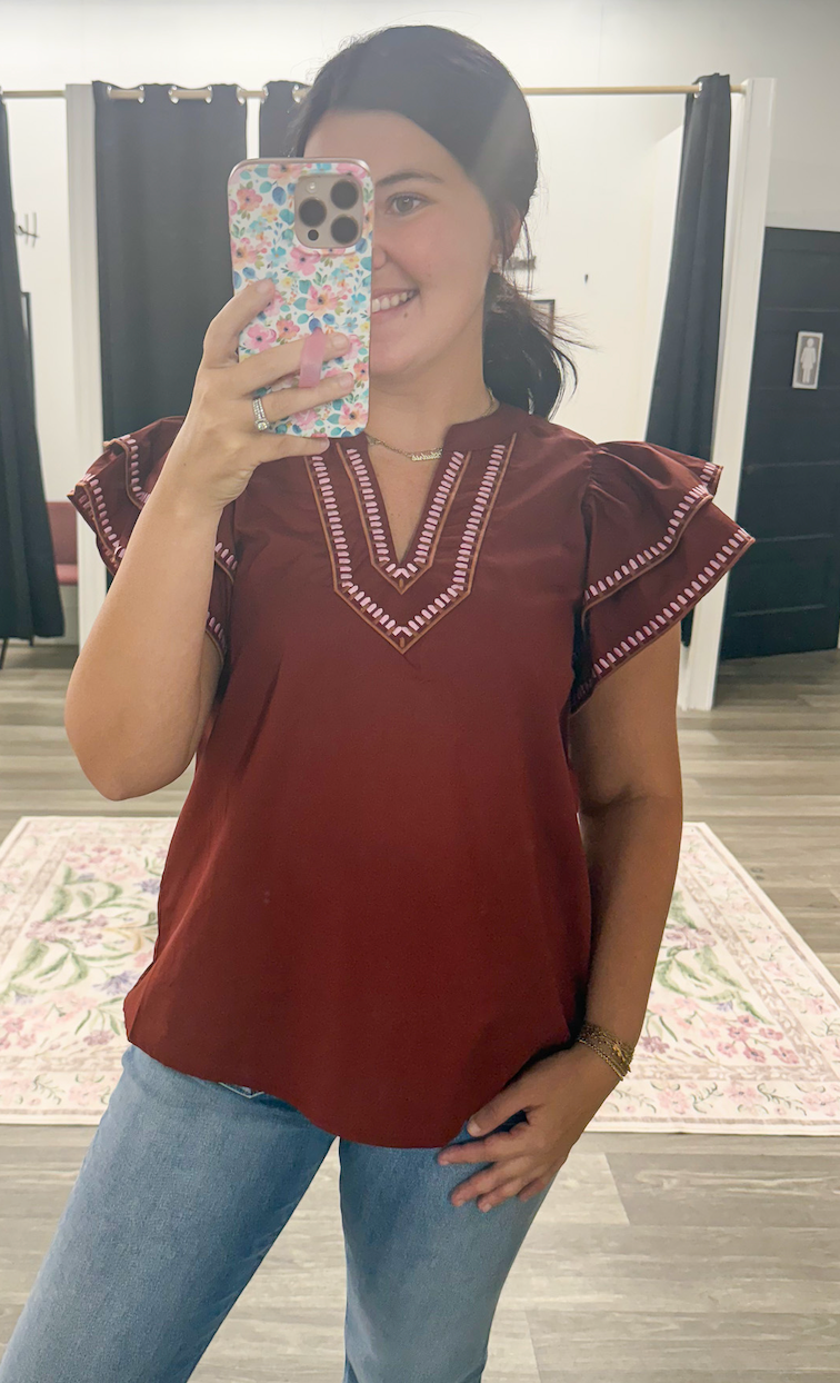 Brick Embroidered Detail Top