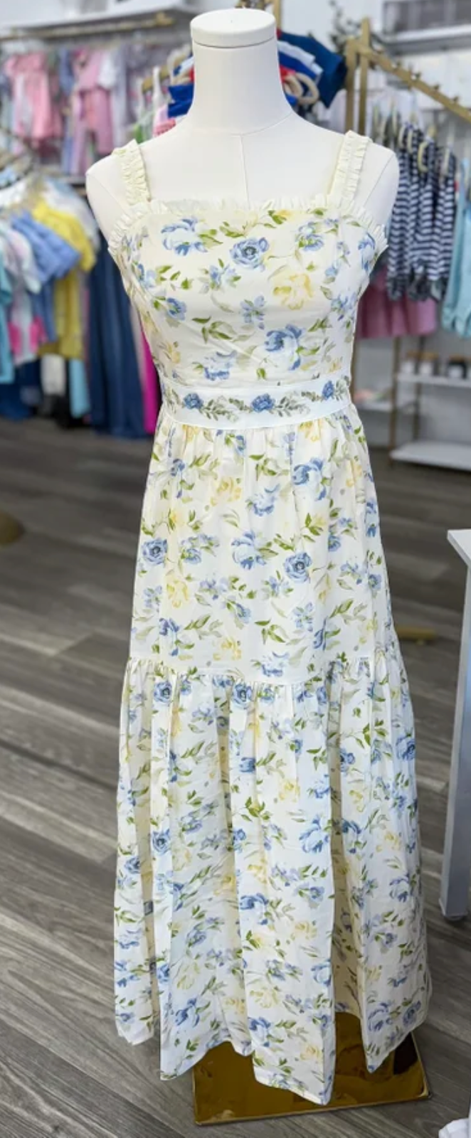 Blue & Yellow Floral Tiered Midi Dress