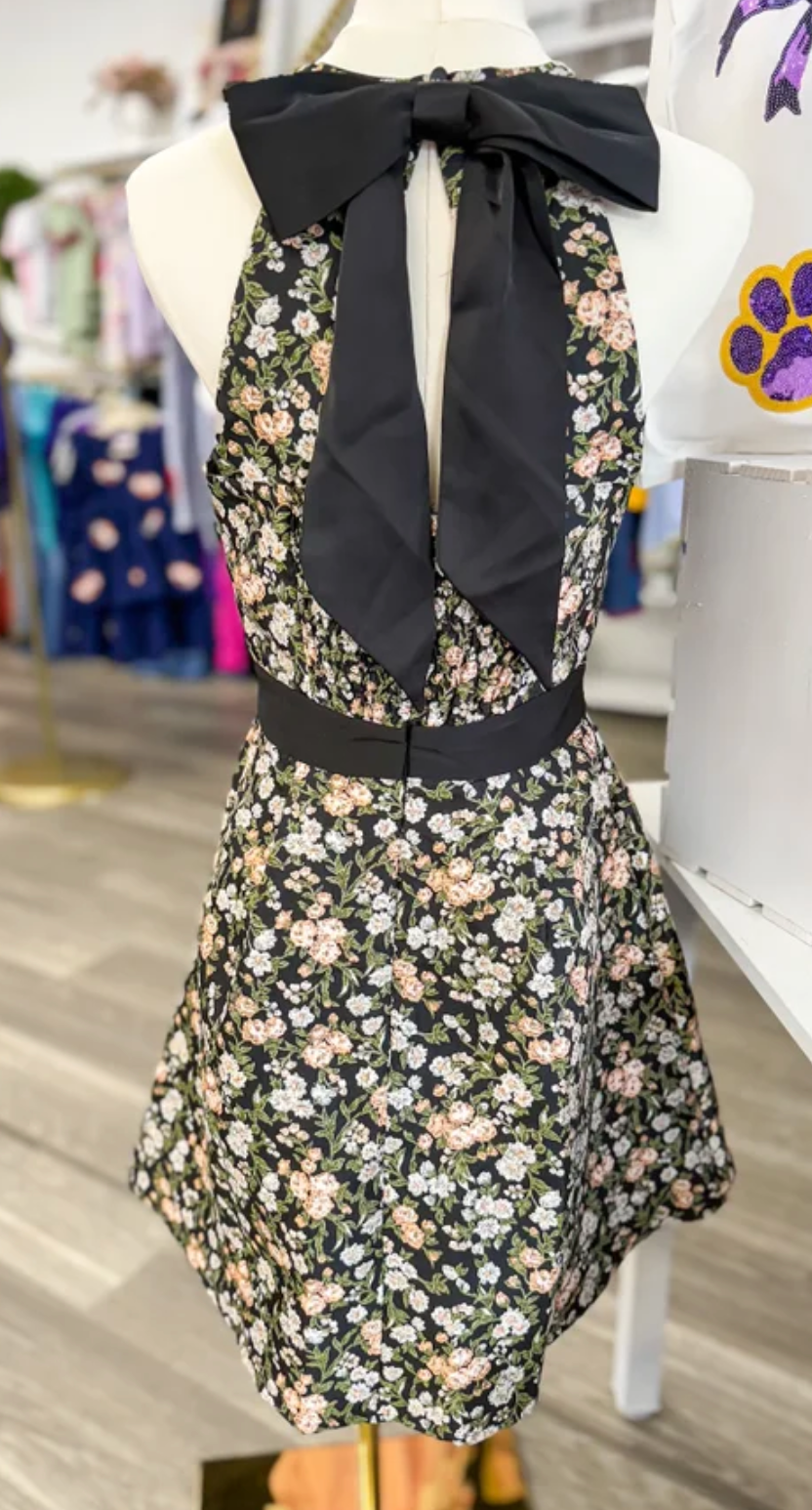 Black Bow Halter Jacquard Dress