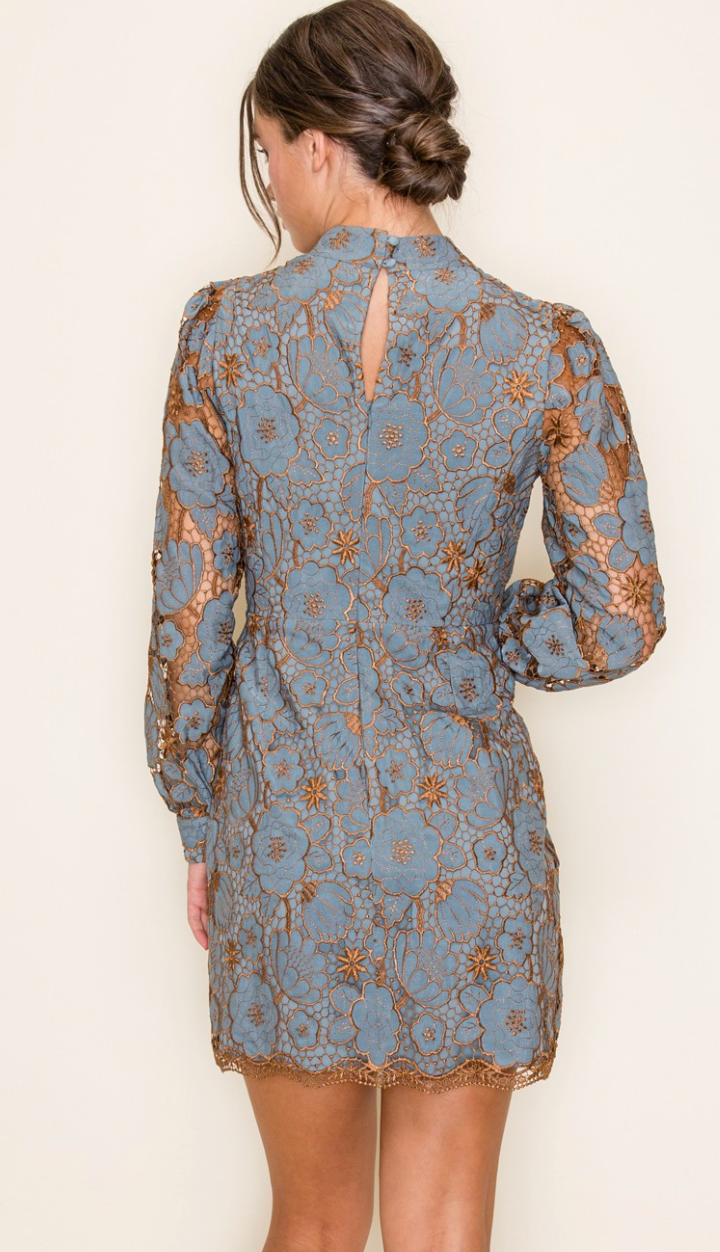 Dusty Blue/Bronze Long Sleeve Dress
