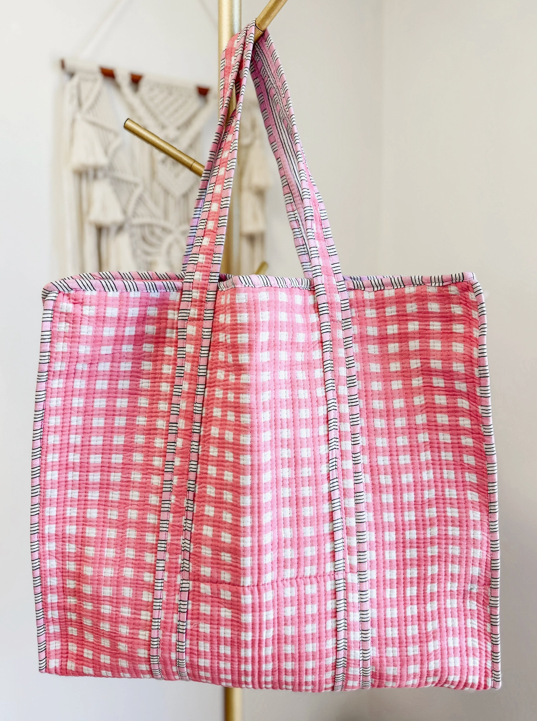 Pink Gingham Quilted Tote