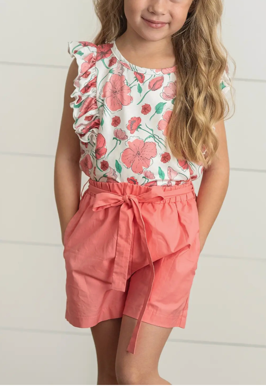 Tween Coral Pink Floral Short Set