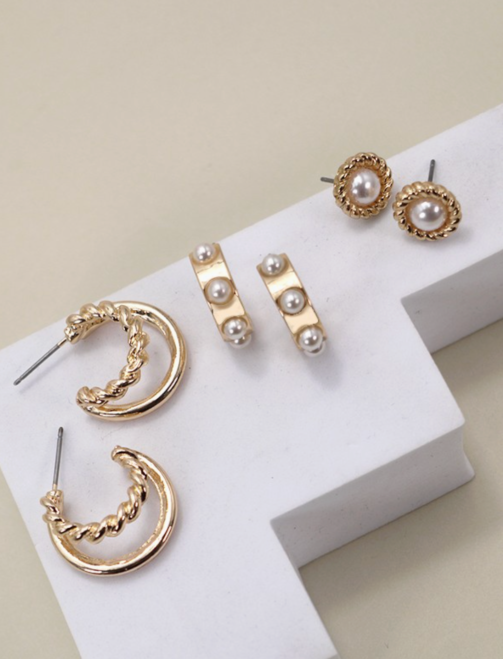 Gold Pearl Hoop Stud Trio Earrings