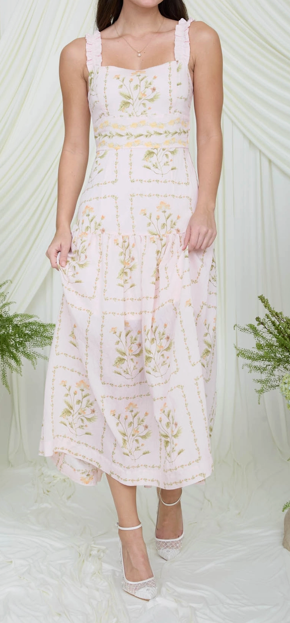 Pink Floral Drop Waist Midi Dress