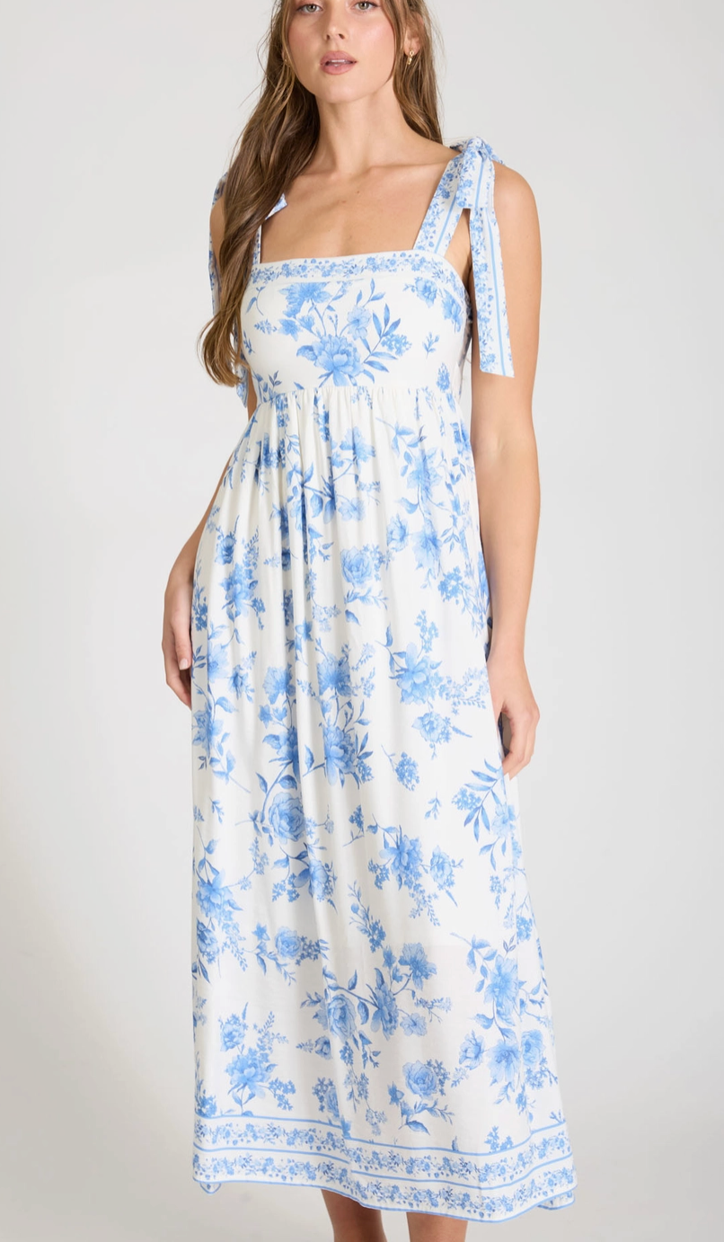 Blue Floral Empire Waist Midi Dress