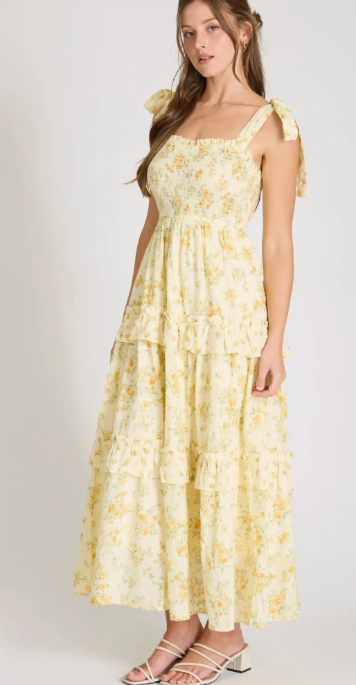 Yellow Floral Sweetheart Midi Dress