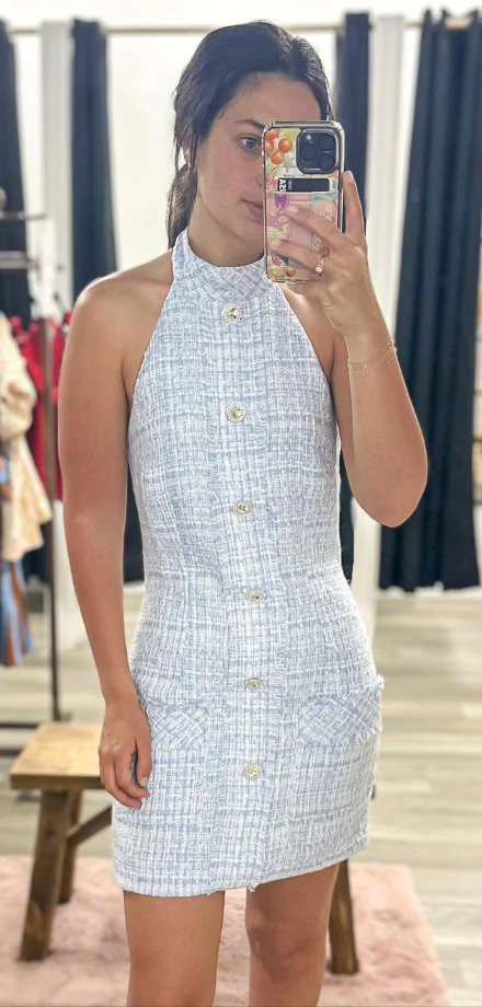 Blue Tweed Halter Dress