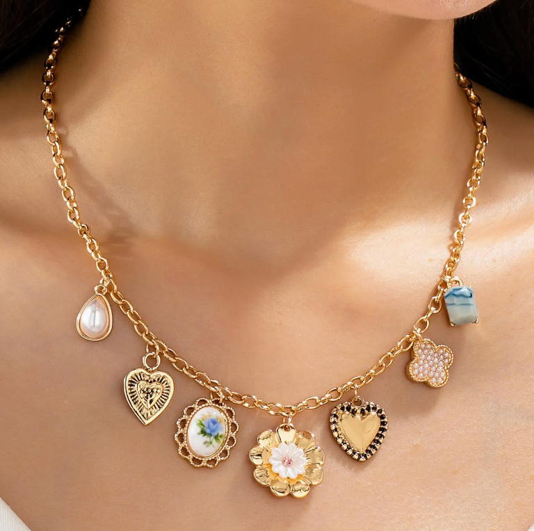 Vintage Heart Porcelain Charm Necklace