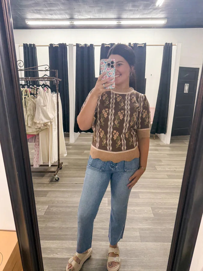 Brown Floral Sweater Top