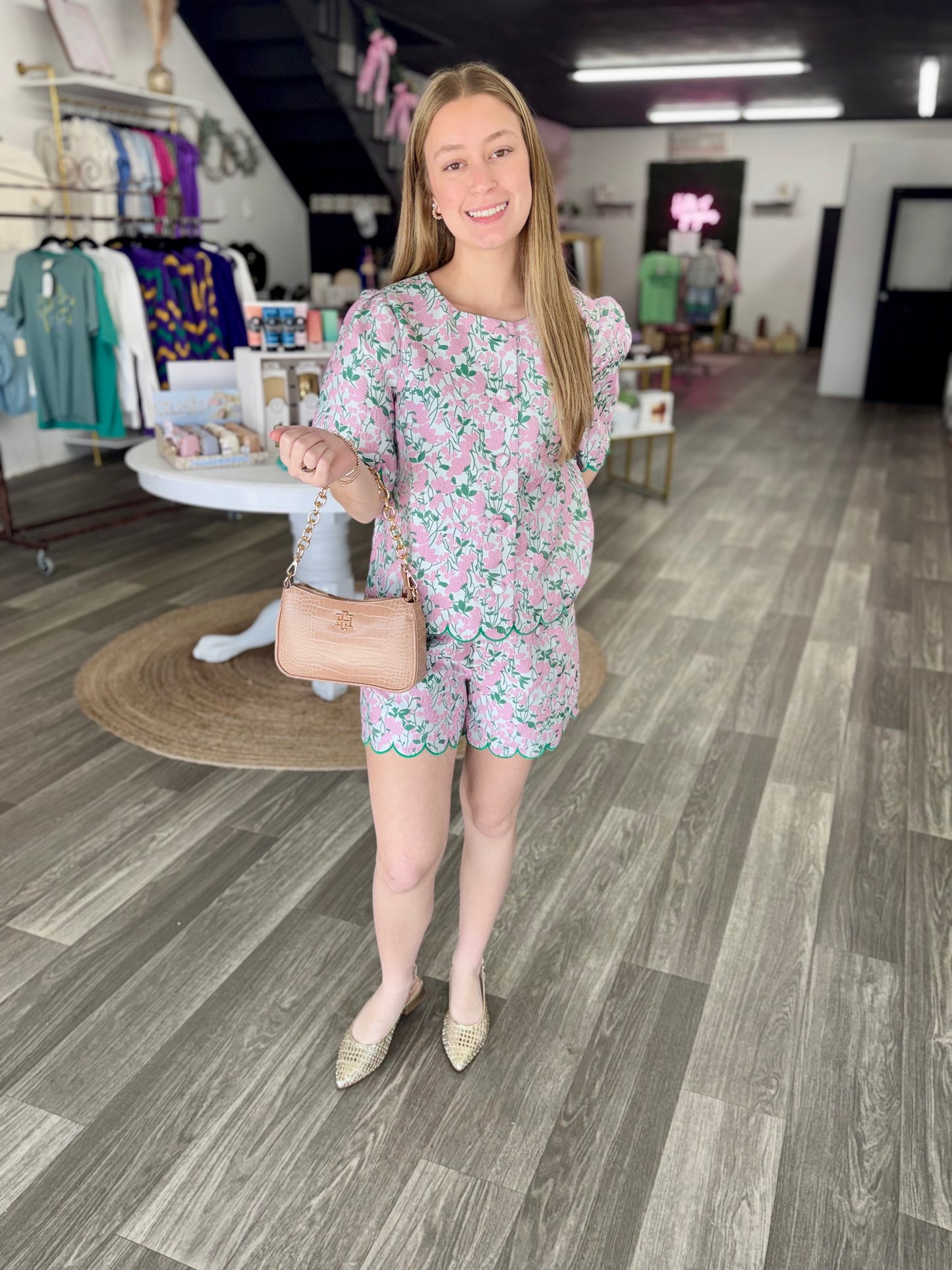 Floral Scalloped Embroidered Jacquard Short Set