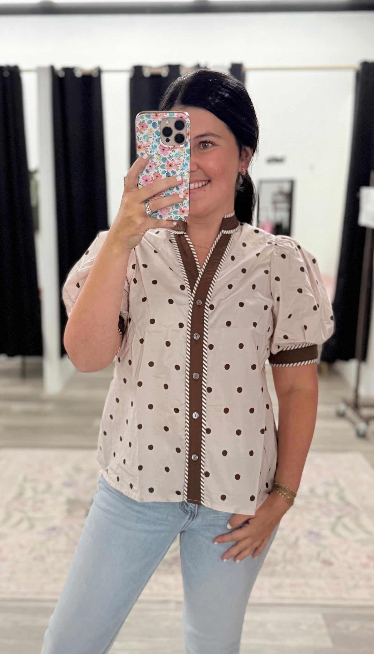 Cream & Brown Polka Dot Top