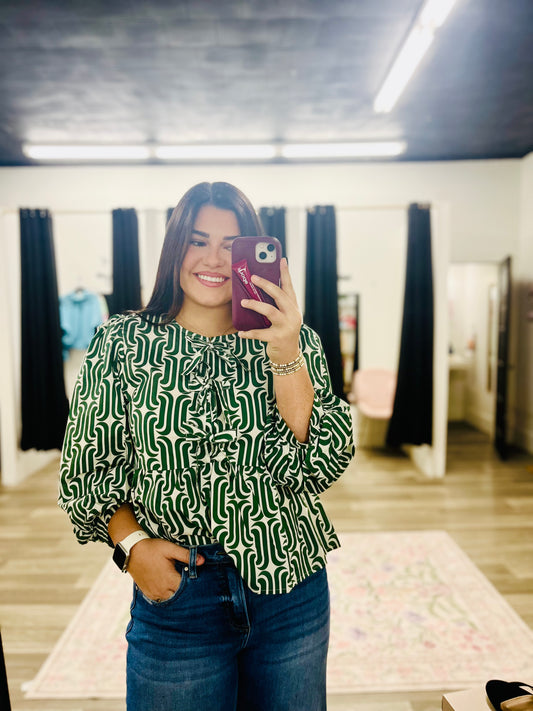 Green & White Bow Detail Top