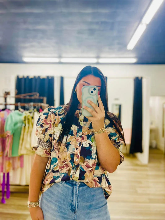 Navy Floral Detail Sleeve Top
