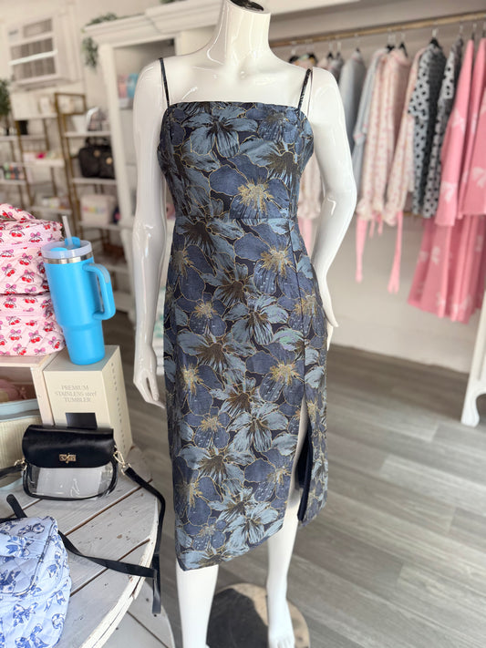 Navy & Gold Jacquard Slit Dress