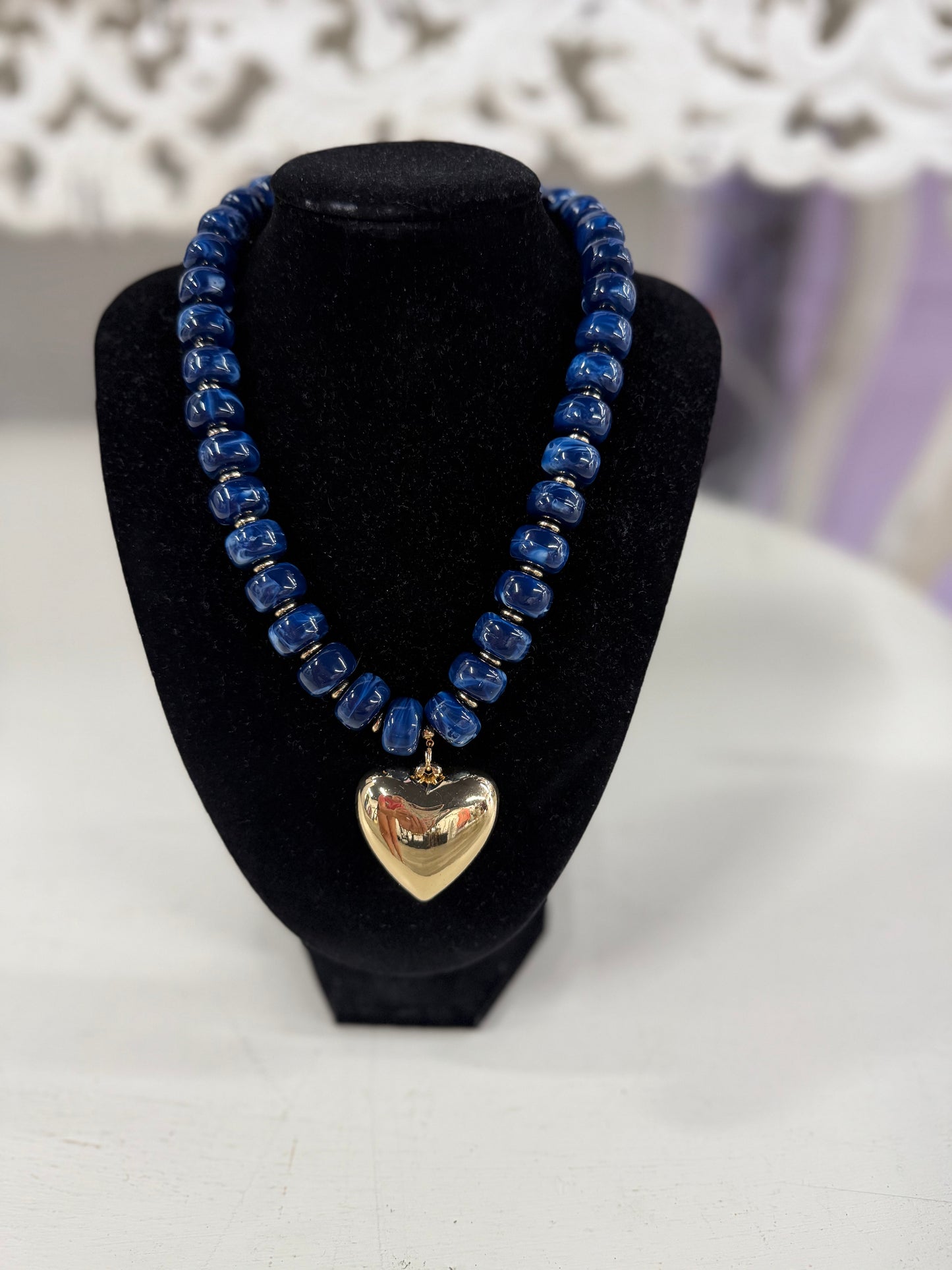 Navy Marble Chunky Beaded Necklace