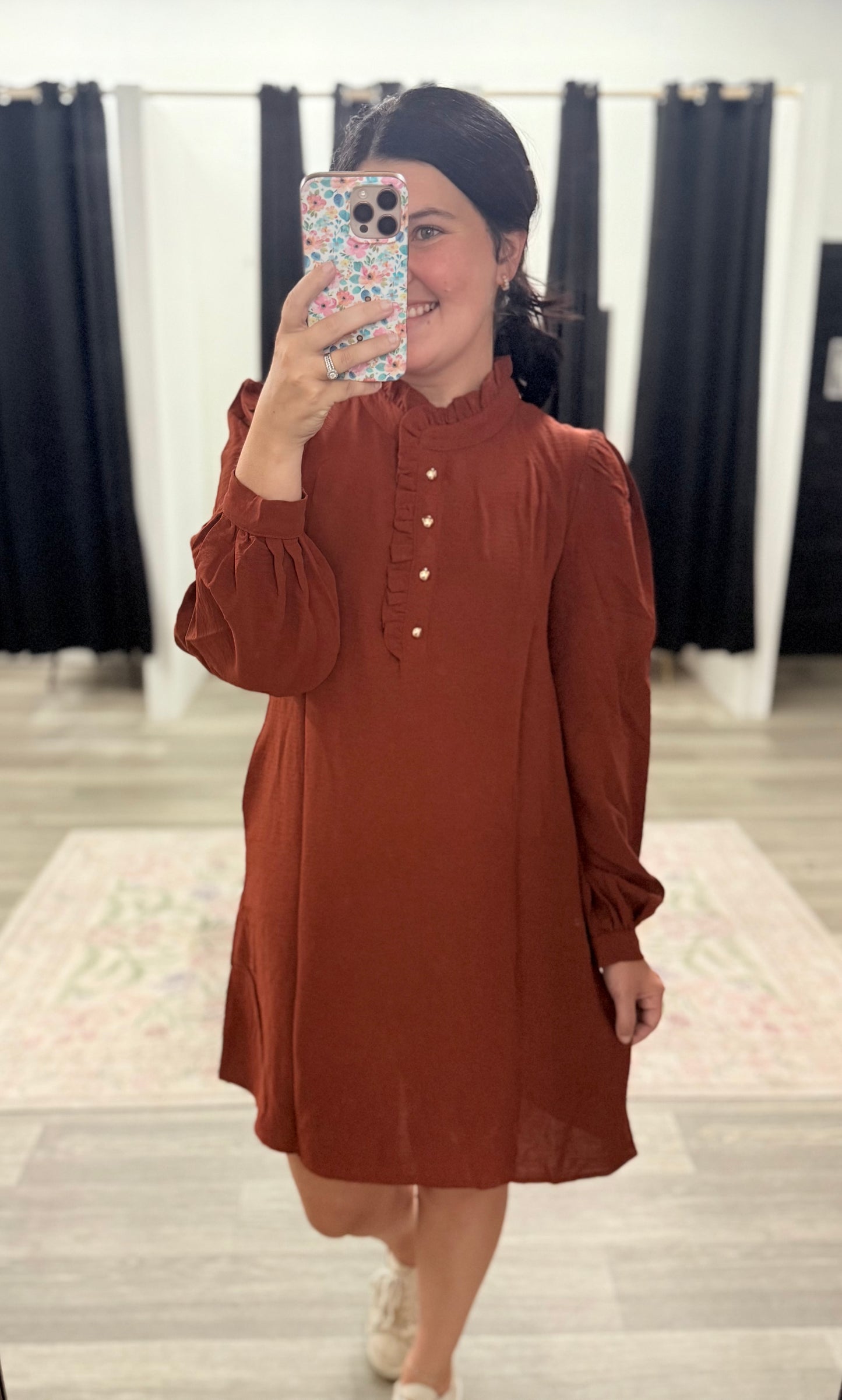 Rust Ruffle Gold Button Dress