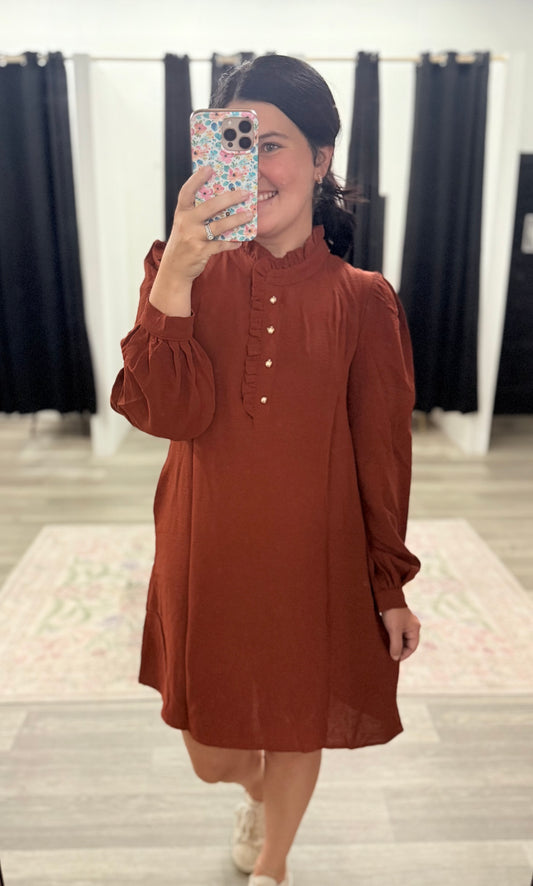 Rust Ruffle Gold Button Dress
